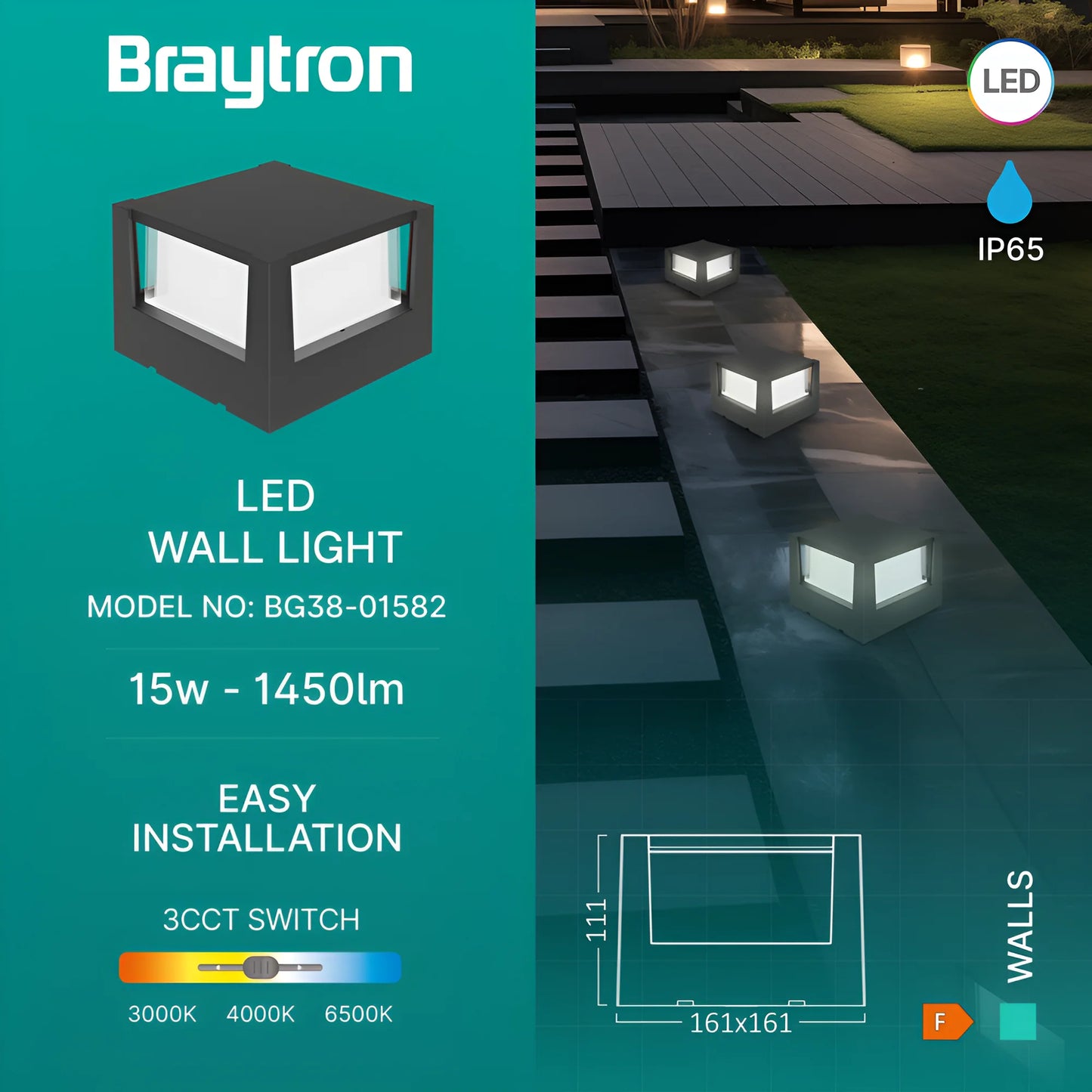 Braytron Walls G1 Kocka Siva 15W 3U1 Ip65 Zidna Svjetiljka