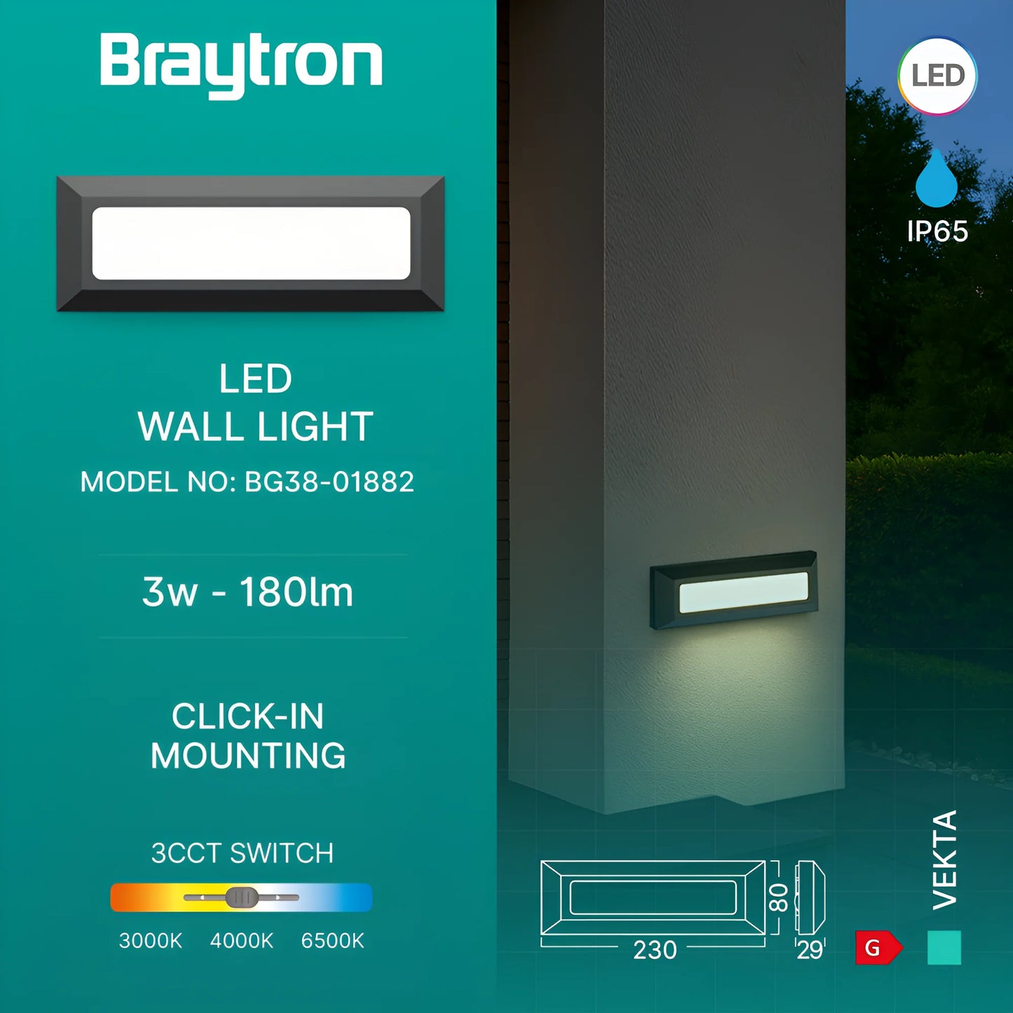 Braytron Vekta B Rct Siva 5W 3In1 Ip65 Zidna Svjetiljka