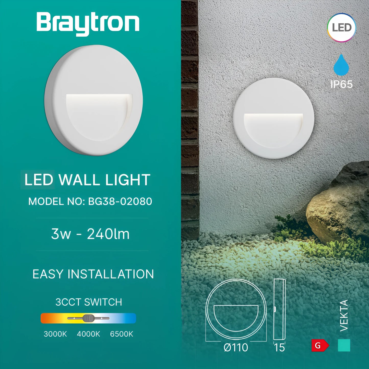 Braytron Vekta B Krug Bijela 3W 3U1 Ip65 Led Zid.Svjetiljka