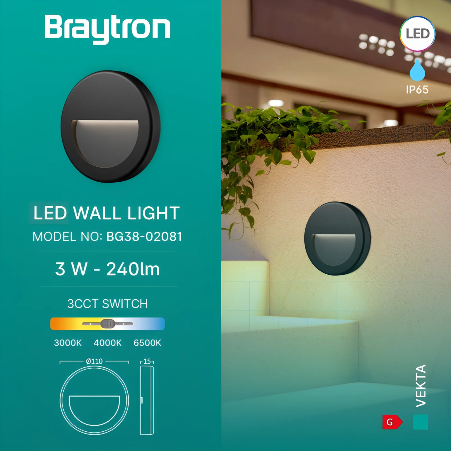 Braytron Vekta B Krug Crna 3W 3U1 Ip65 Led Zid.Svjetiljka