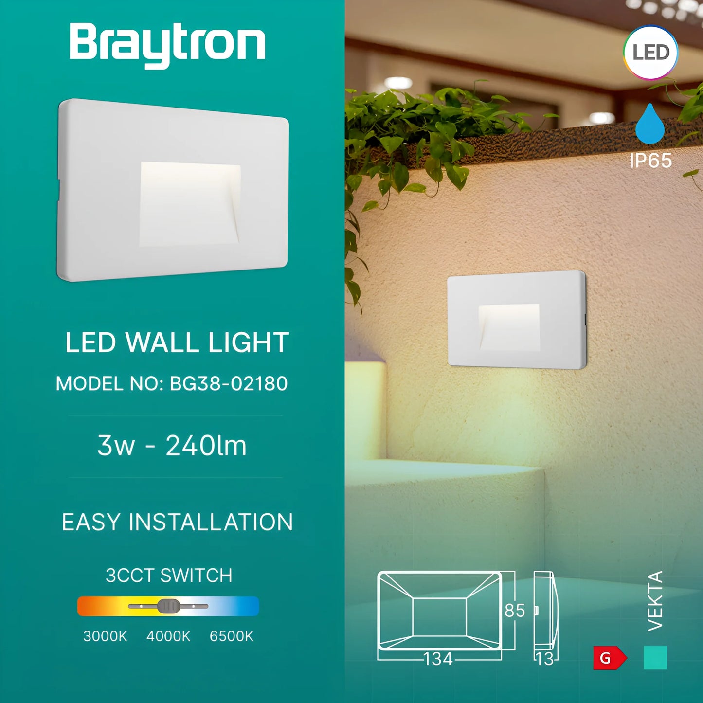 Braytron Vekta B Kvadrat Bijela 3W 3U1 Ip65 Led Zid.Svjetiljka