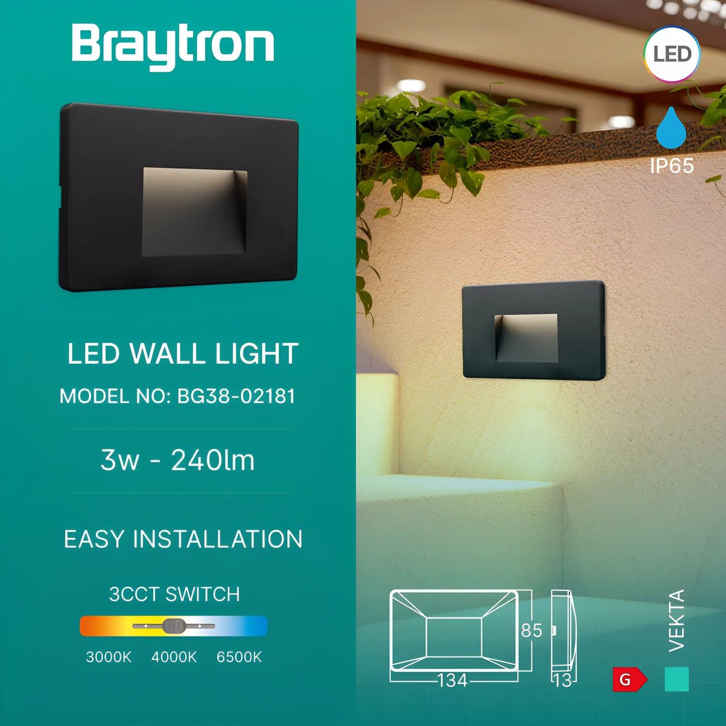 Braytron Vekta B Kvadrat Crna 3W 3U1 Ip65 Led Zid.Svjetiljka