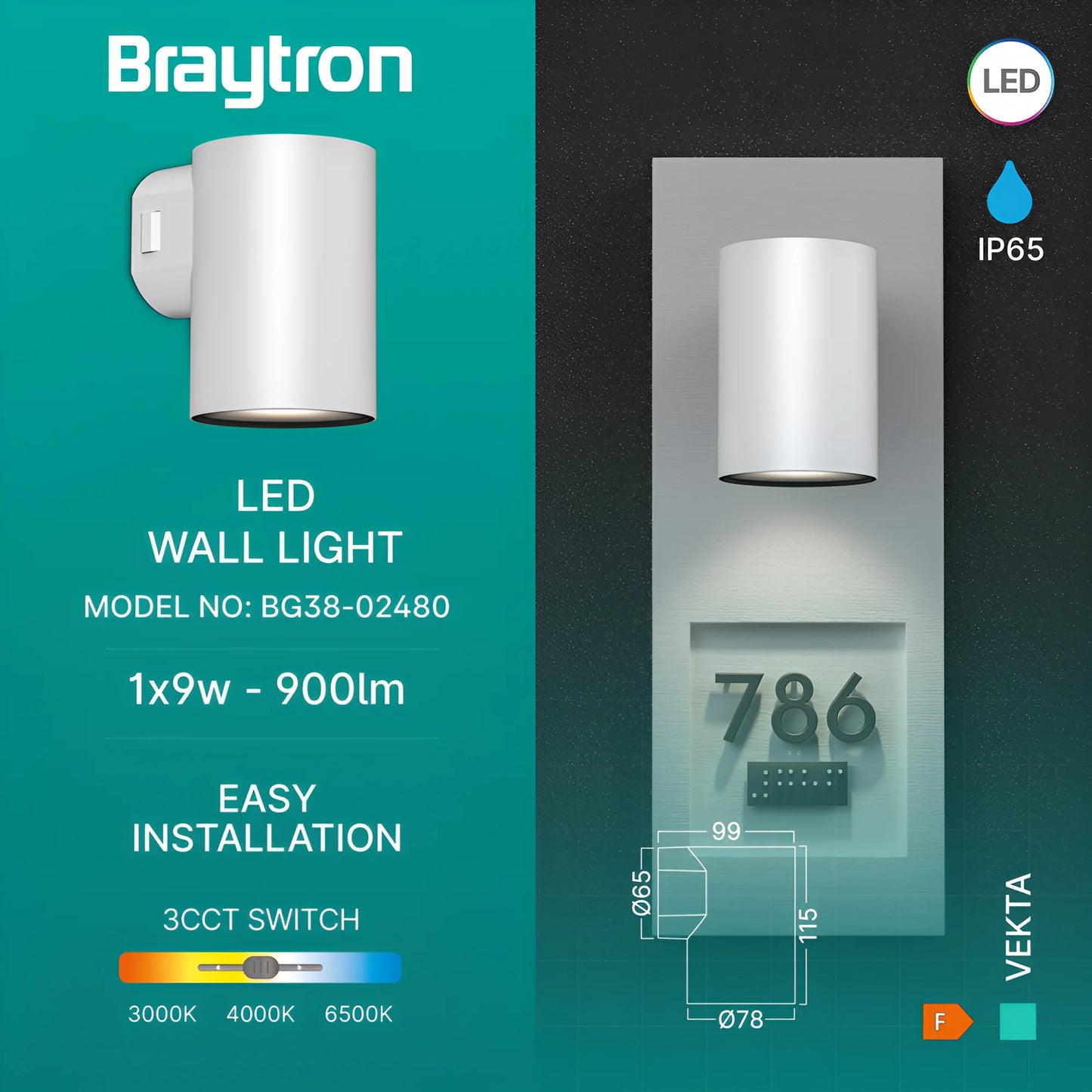 Braytron Vekta D Wl.1 Bijela 1X9W 3U1 Ip65 Zidna Vrtna Svjetiljka