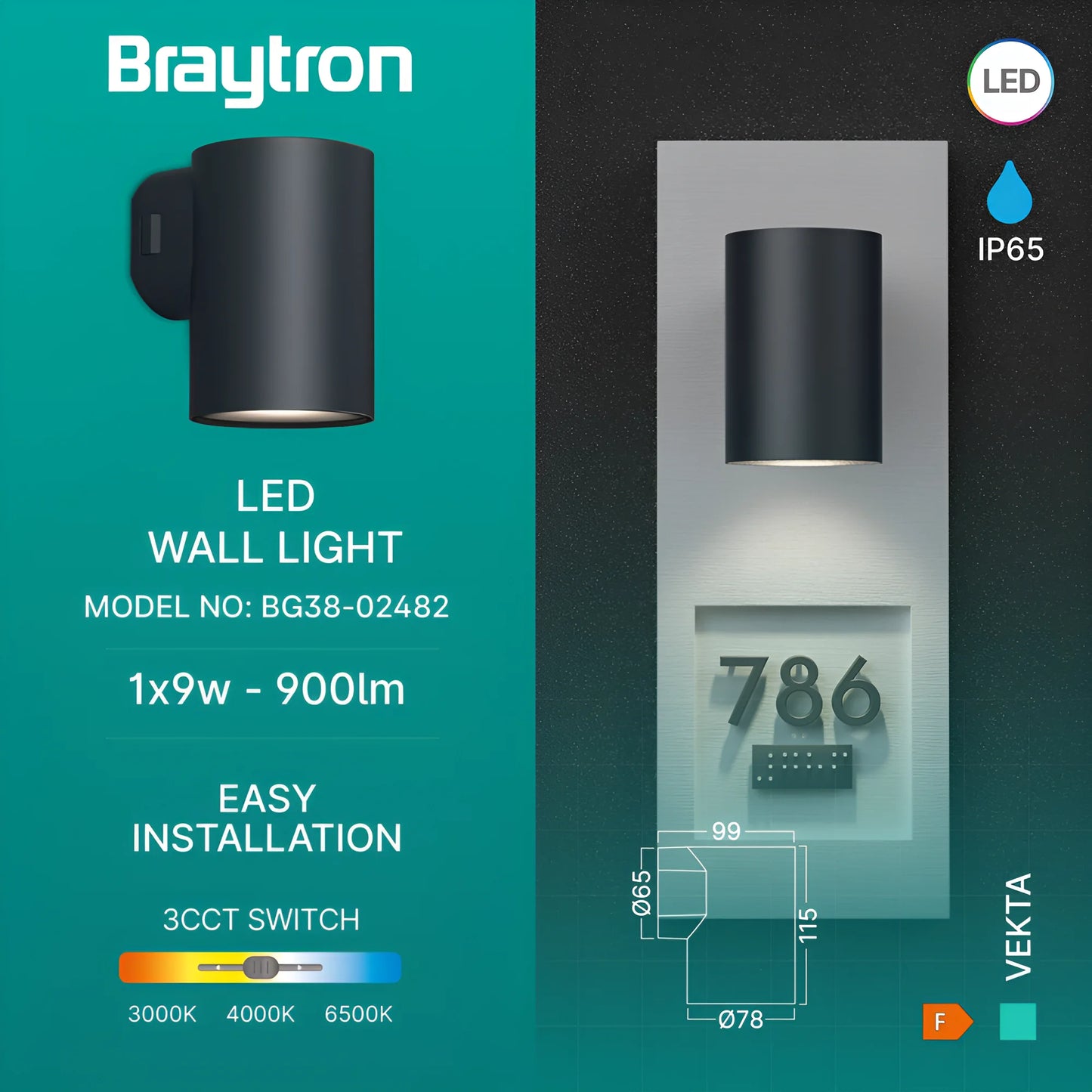 Braytron Vekta D Wl.1 Siva 1X9W 3In1 Ip65 Zidna Svjetiljka