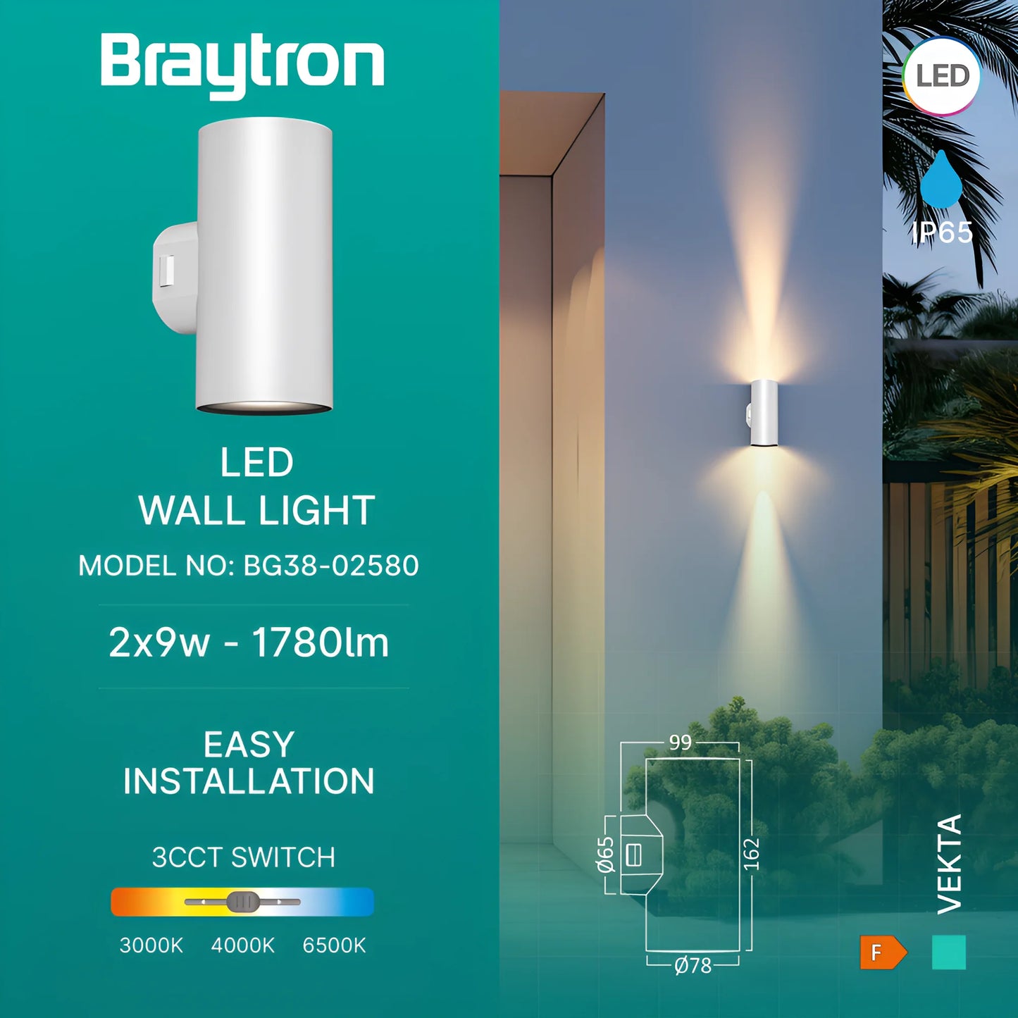 Braytron Vekta D Wl.2 Bijela 2X9W 3U1 Ip65 Zidna Vrtna Svjetiljka
