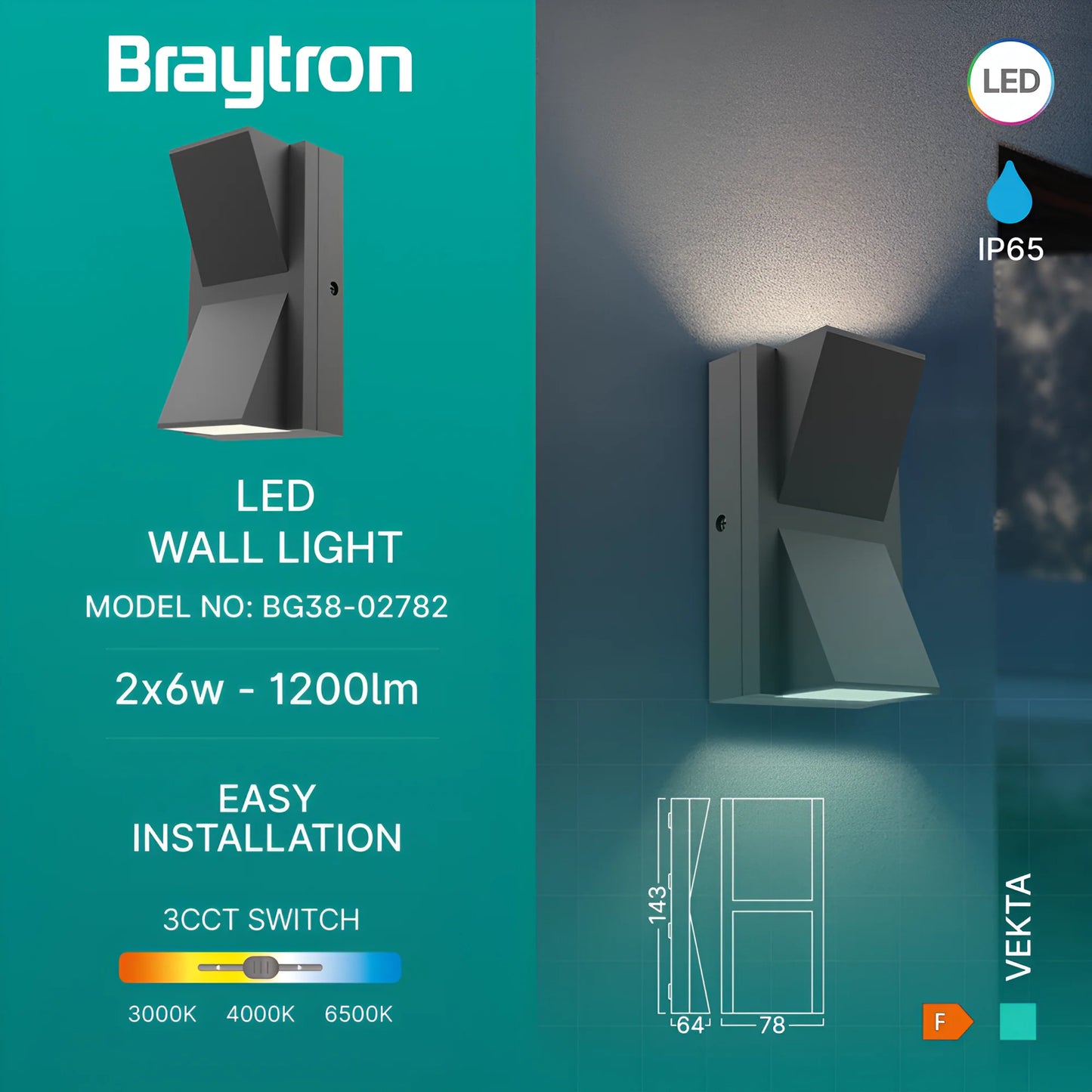 Braytron Vekta C Wl.2 Siva 2X6W 3In1 Ip65 Zidna Svjetiljka