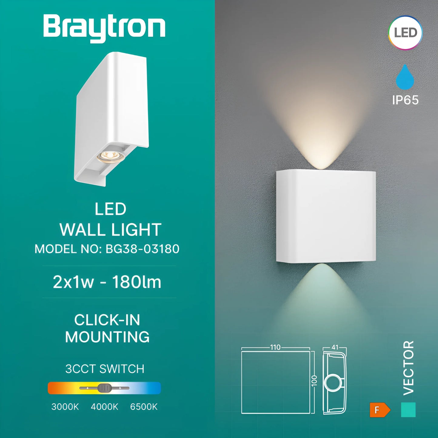 Braytron Vector B Wl Bijela 2X1W 3U1 Ip65 Zidna Vrtna Svjetiljka