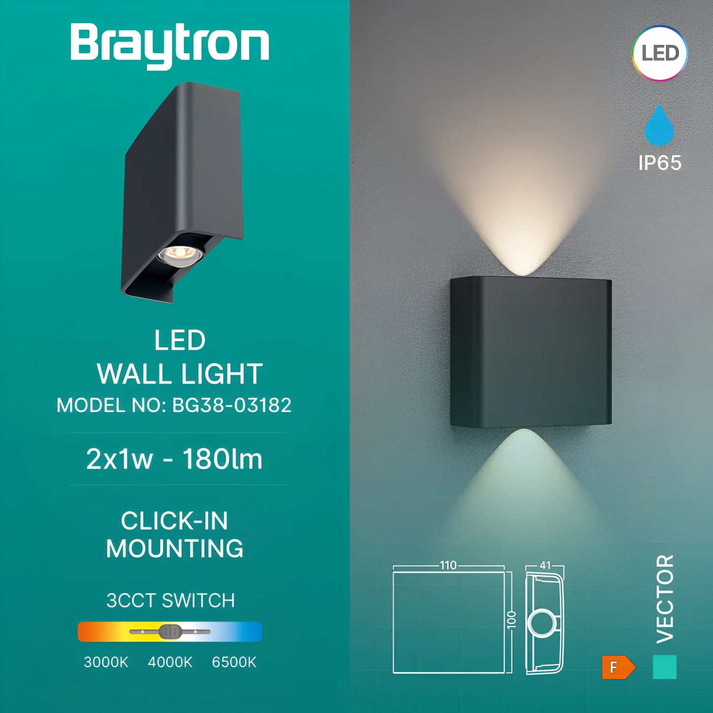 Braytron Vector B Wl Siva 2X1W 3U1 Ip65 Zidna Vrtna Svjetiljka