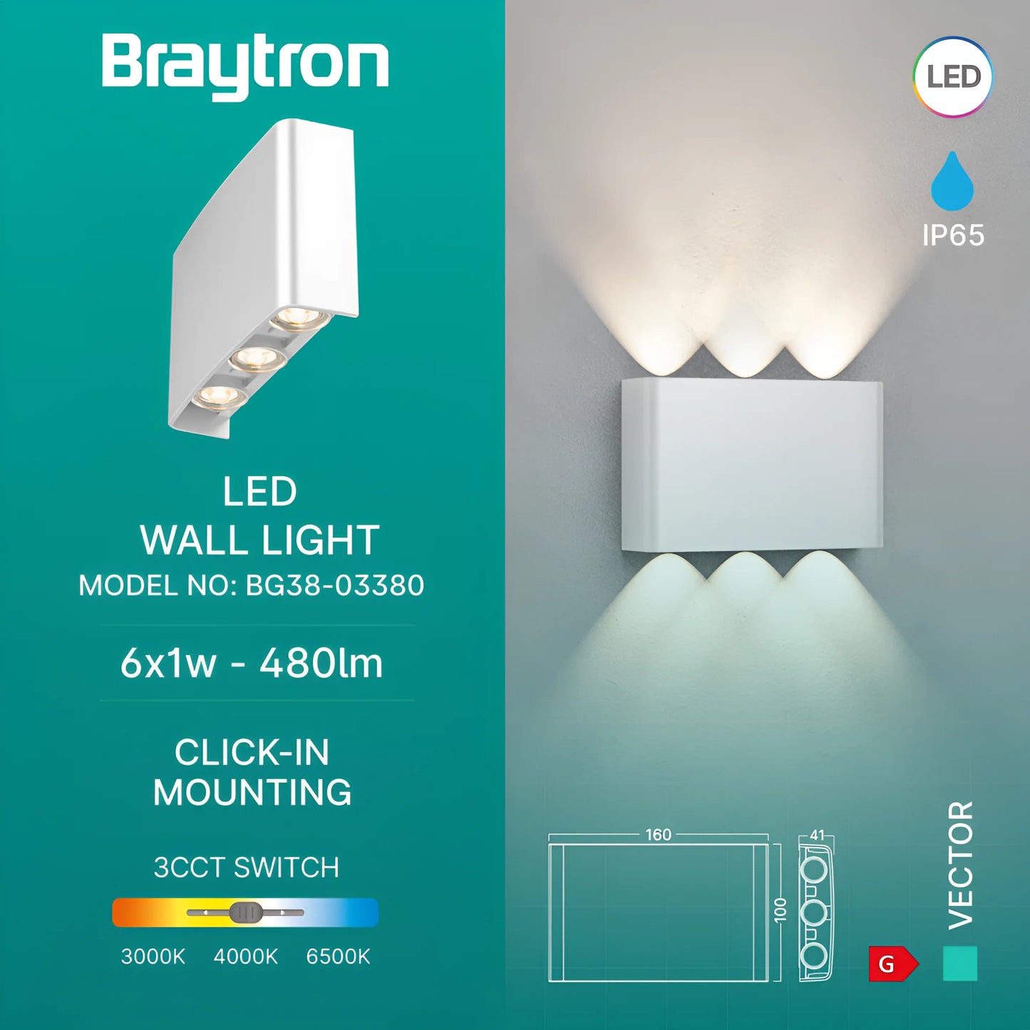 Braytron Vector B Wl Bijela 6X1W 3U1 Ip65 Zidna Vrtna Svjetiljka