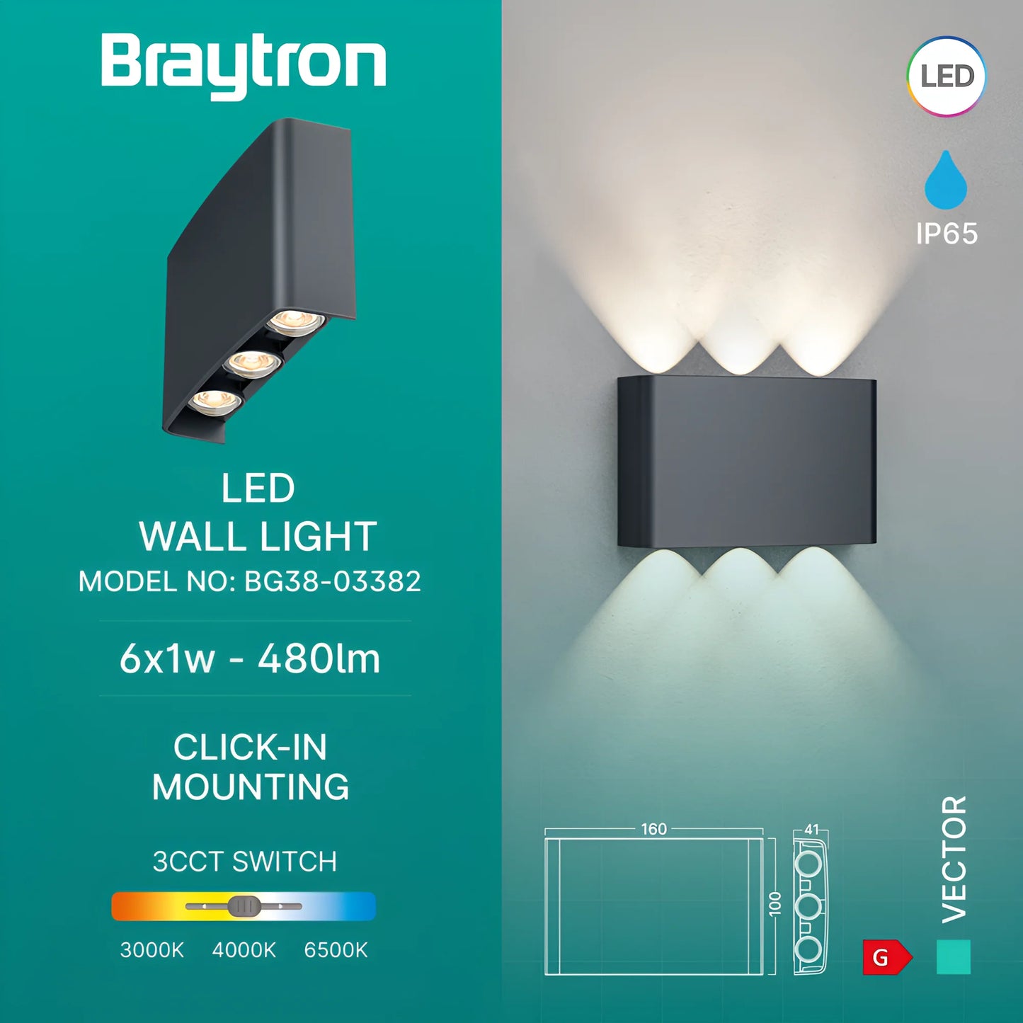 Braytron Vector B Wl Siva 6X1W 3U1 Ip65 Zidna Svjetiljka