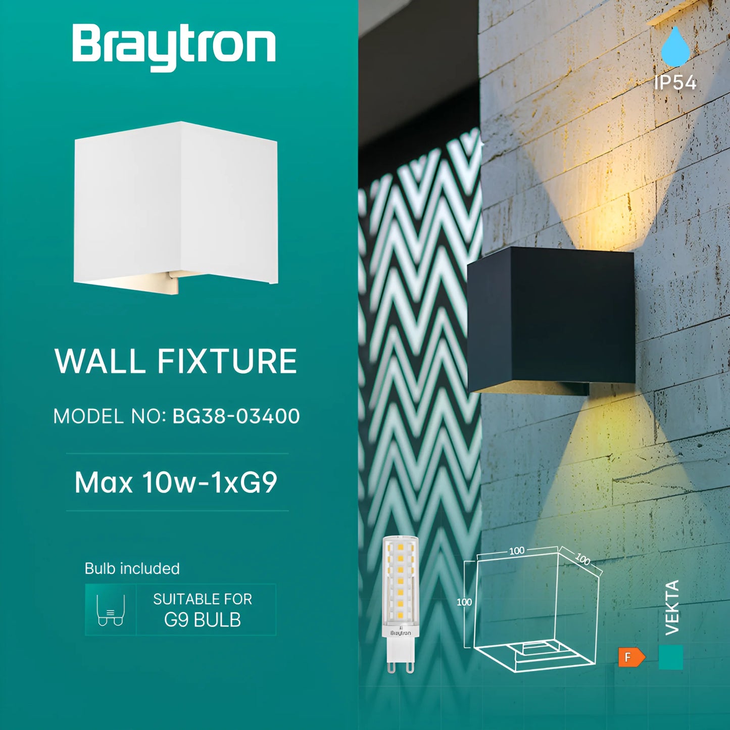 Braytron Vekta B Wl.2 Bijela 1Xg9 Ip54 Zidna Vrtna Svjetiljka