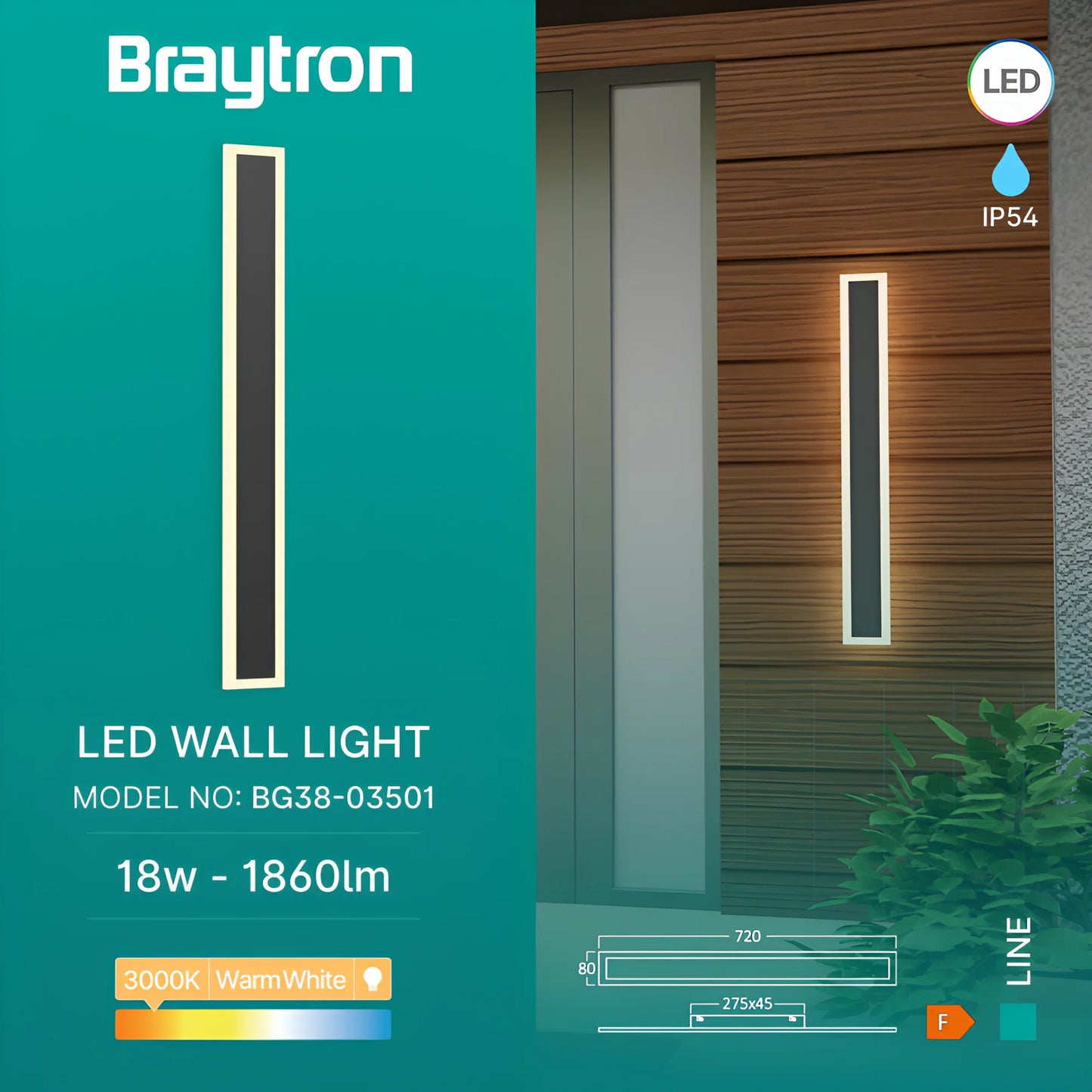 Braytron Line 75 18W 3000K Crna Ip54 Led Zidna Svjetiljka