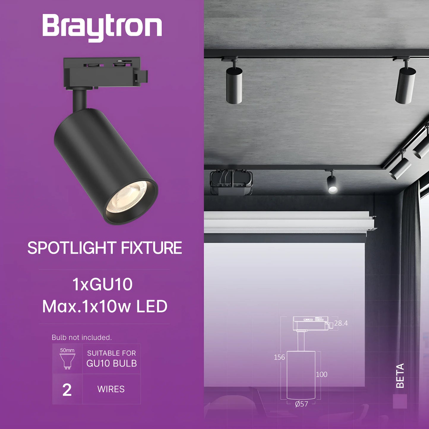 Braytron Beta Tr2 Crni Gu10 Monofazni Šinska Svjetiljka