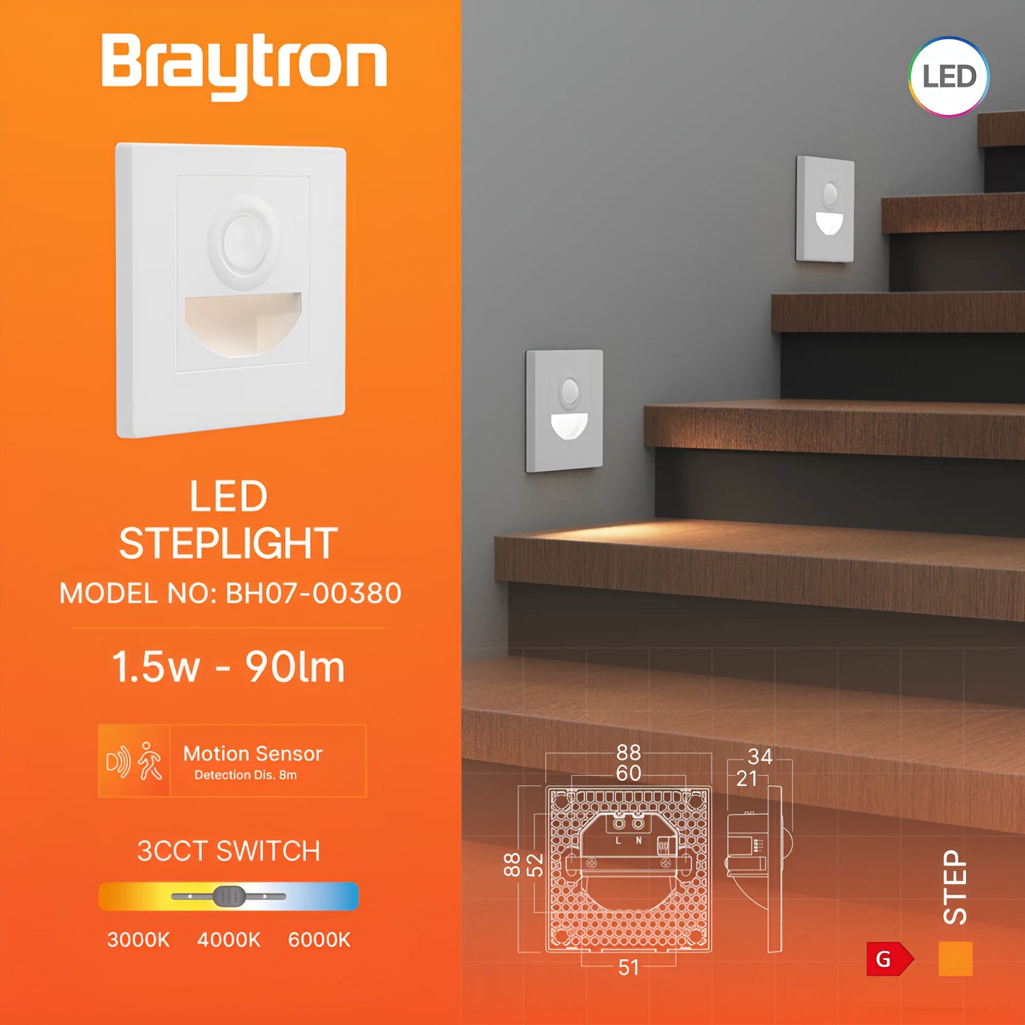 Braytron Step Bs Sns 1,5W 3U1 Bijela Led Zidna Svjetiljka