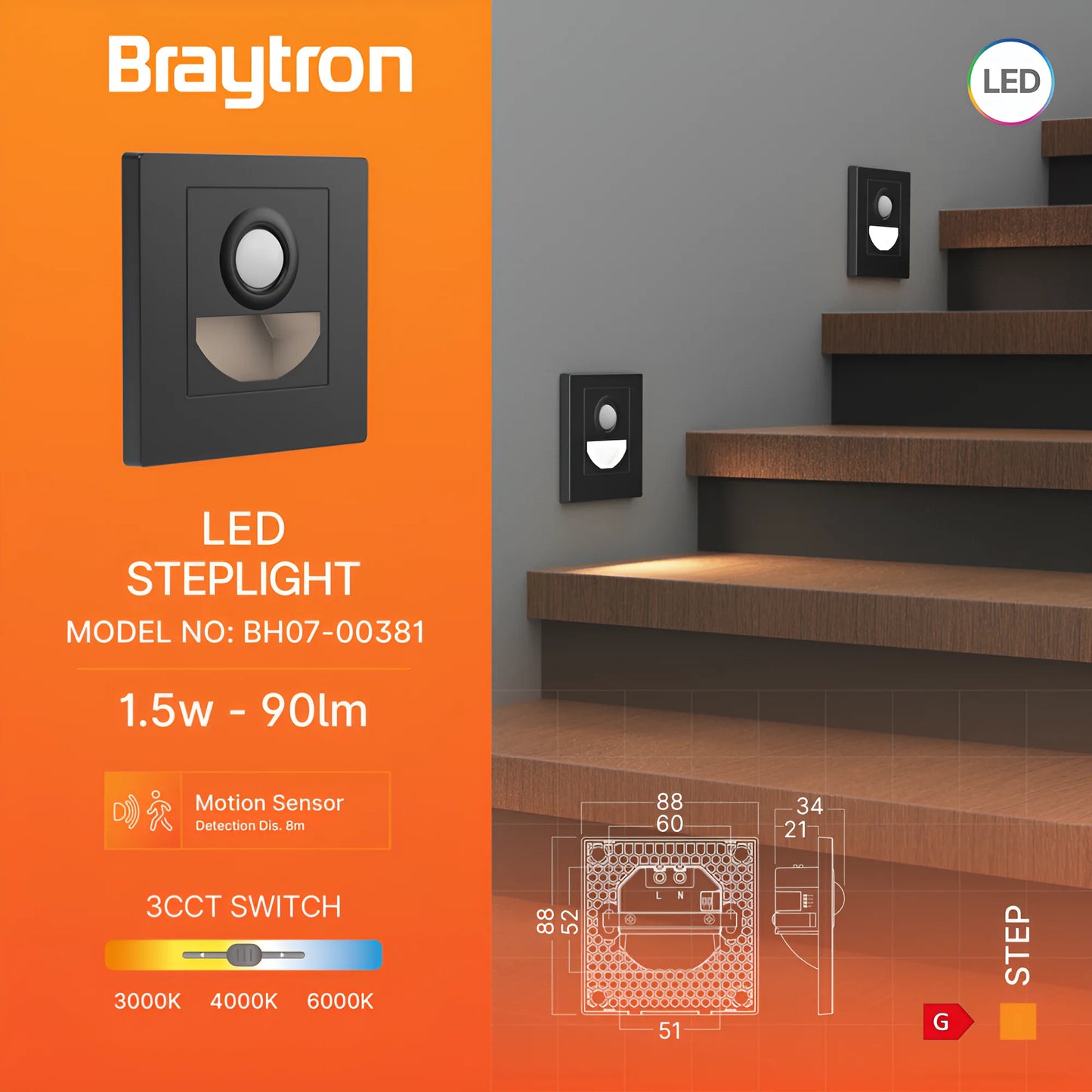 Braytron Step Bs Sns 1,5W 3U1 Crna Led Zidna Svjetiljka