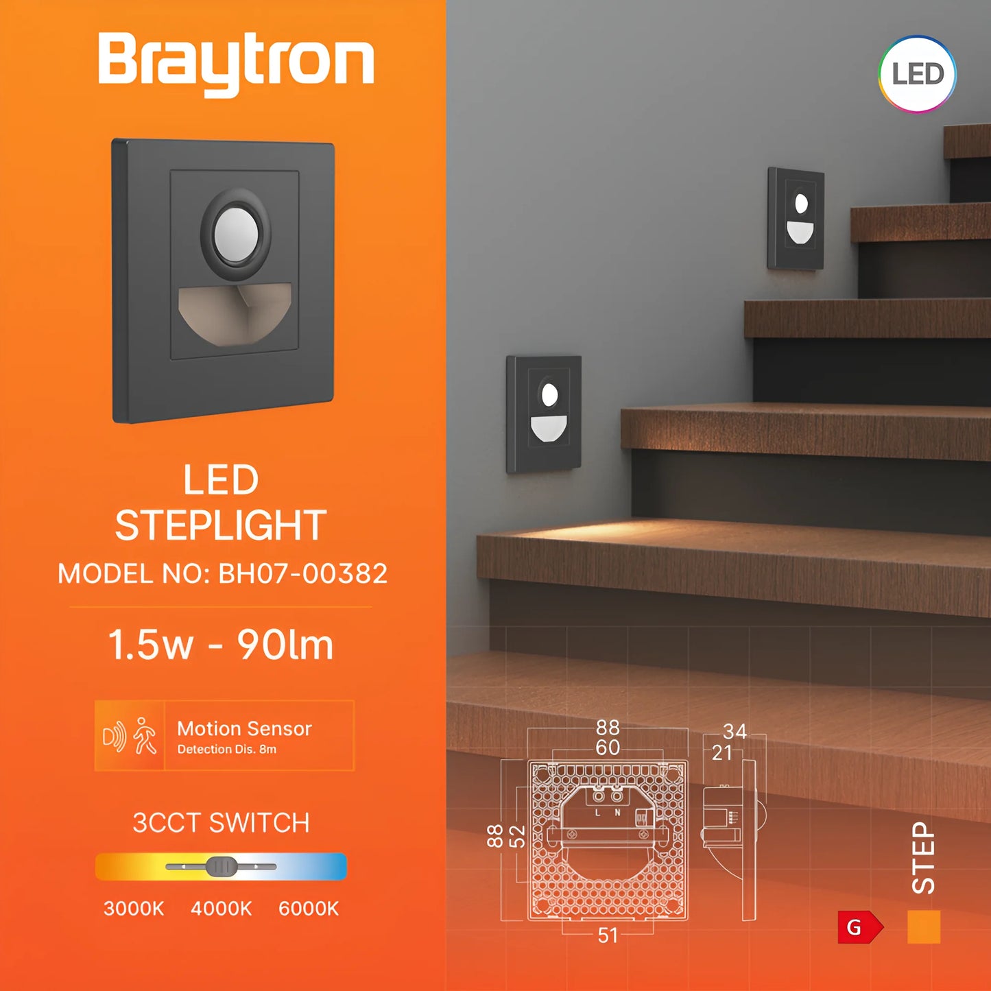 Braytron Step Bs Sns 1,5W 3U1 Siva Led Zidna Svjetiljka