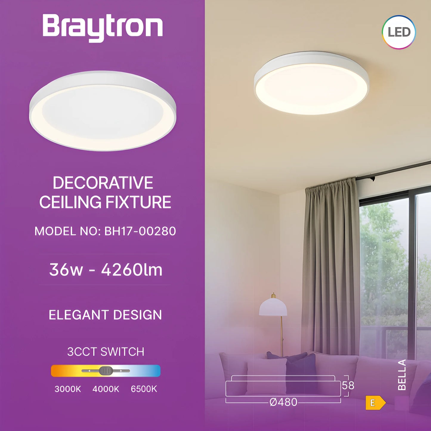 Braytron Bella Sls Sr Okrugla Bijela 36W 3U1 Ip20 Plafonjera