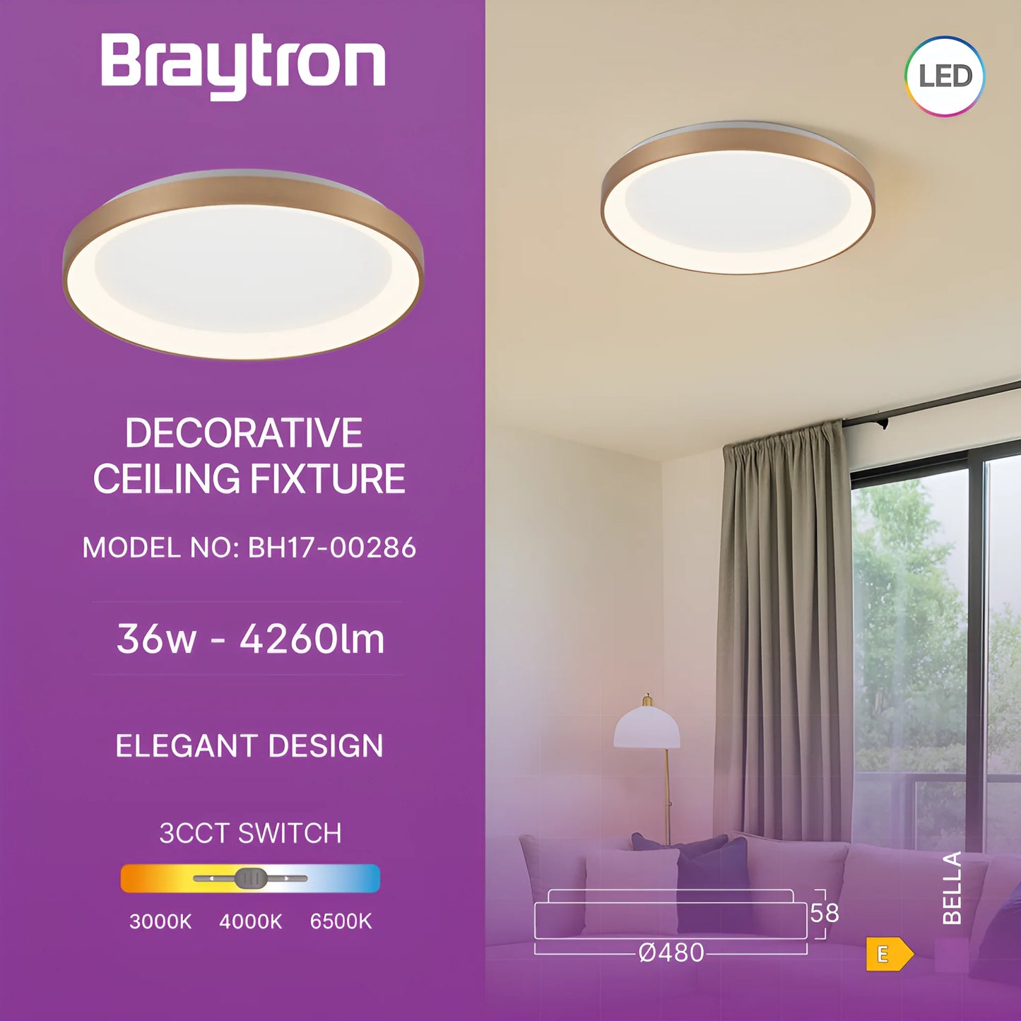 Braytron Bella Sls Sr Okrugla Zlatna 36W 3U1 Ip20 Led Plafonjera