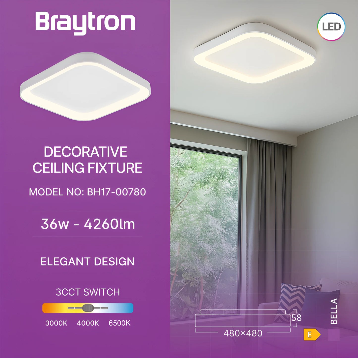 Braytron Bella Sls Sr Kvadratna Bijela 36W 3U1 Ip20 Led Plafonjera