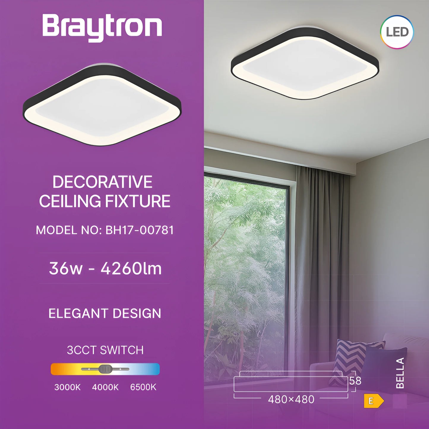 Braytron Bella Sls Sr Kvadratna Crna 36W 3U1 Ip20 Led Plafonjera
