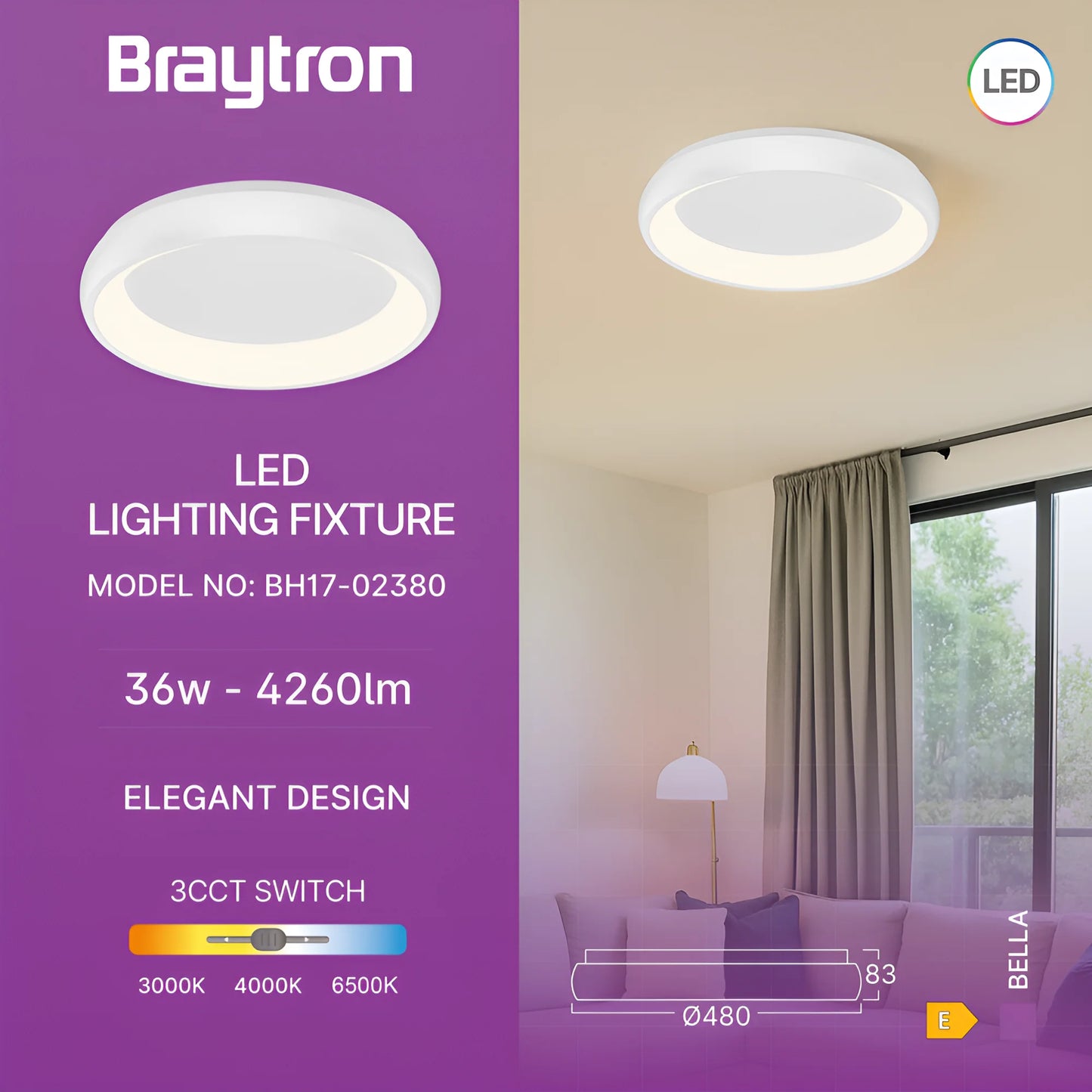 Braytron Bella Mls Sr Okrugla Bijela 36W 3U1 Ip20 Plafonjera