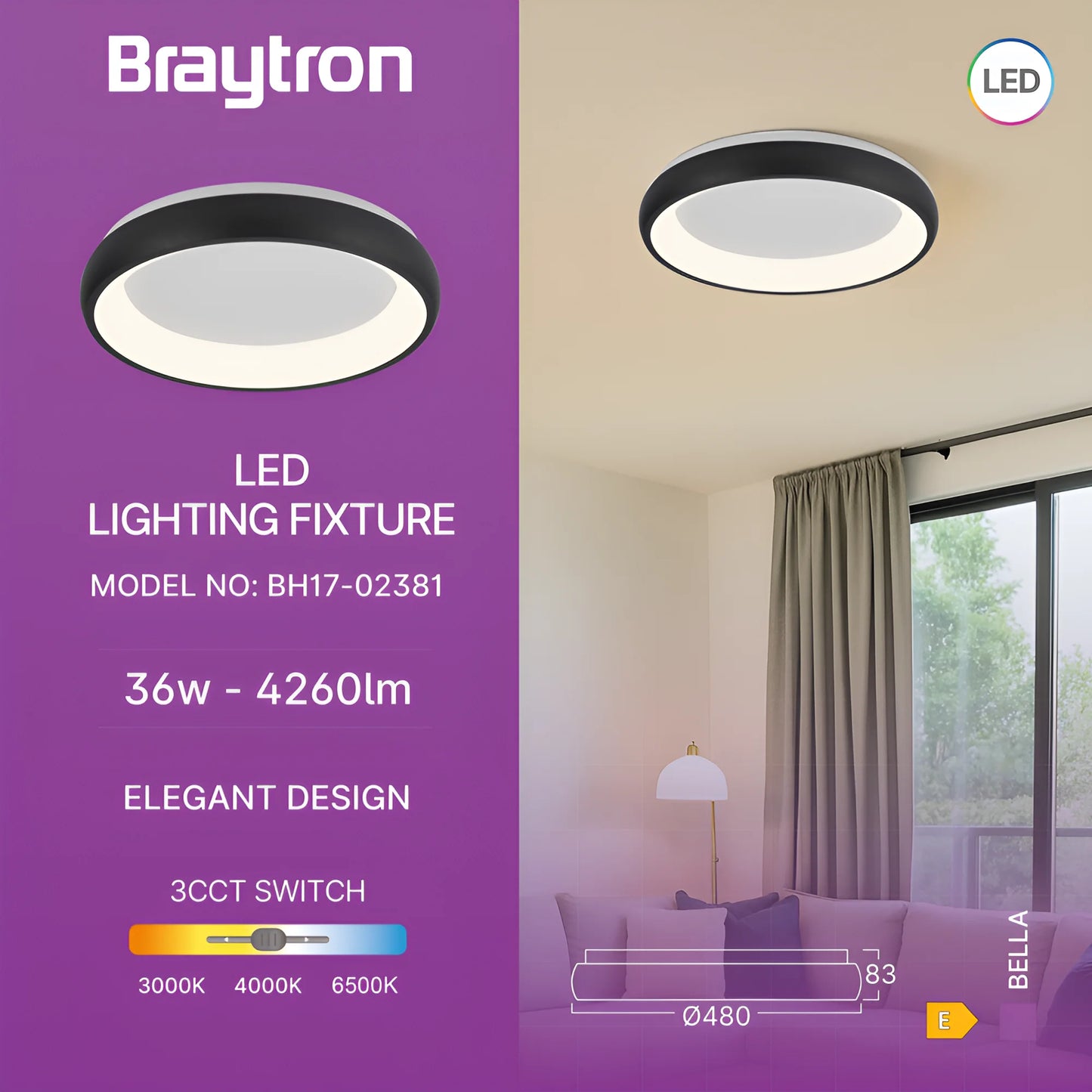 Braytron Bella Mls Sr Okrugla Crna 36W 3U1 Ip20 Led Plafonjera