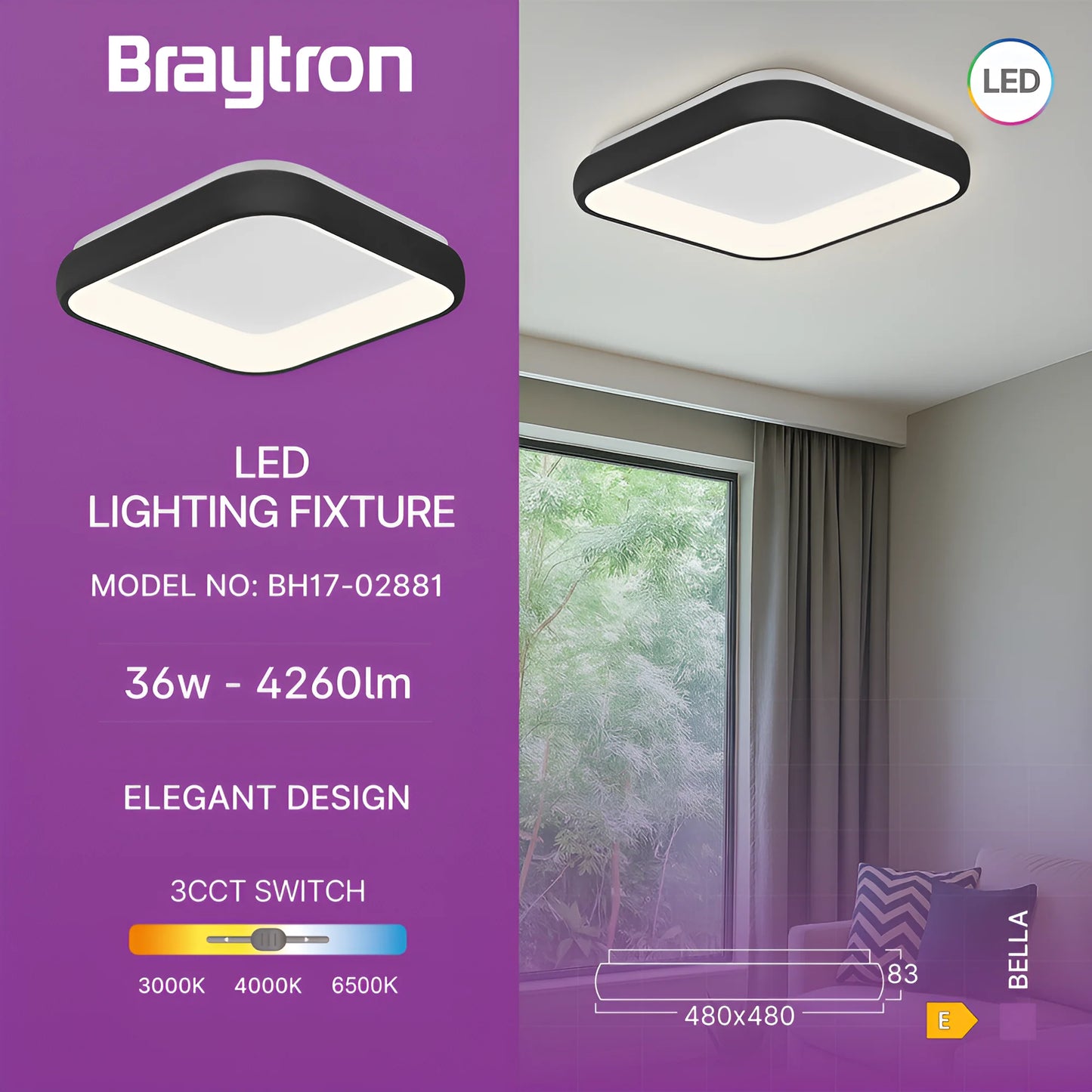Braytron Bella Mls Sr Kvadratna Crna 36W 3U1 Ip20 Plafonjera