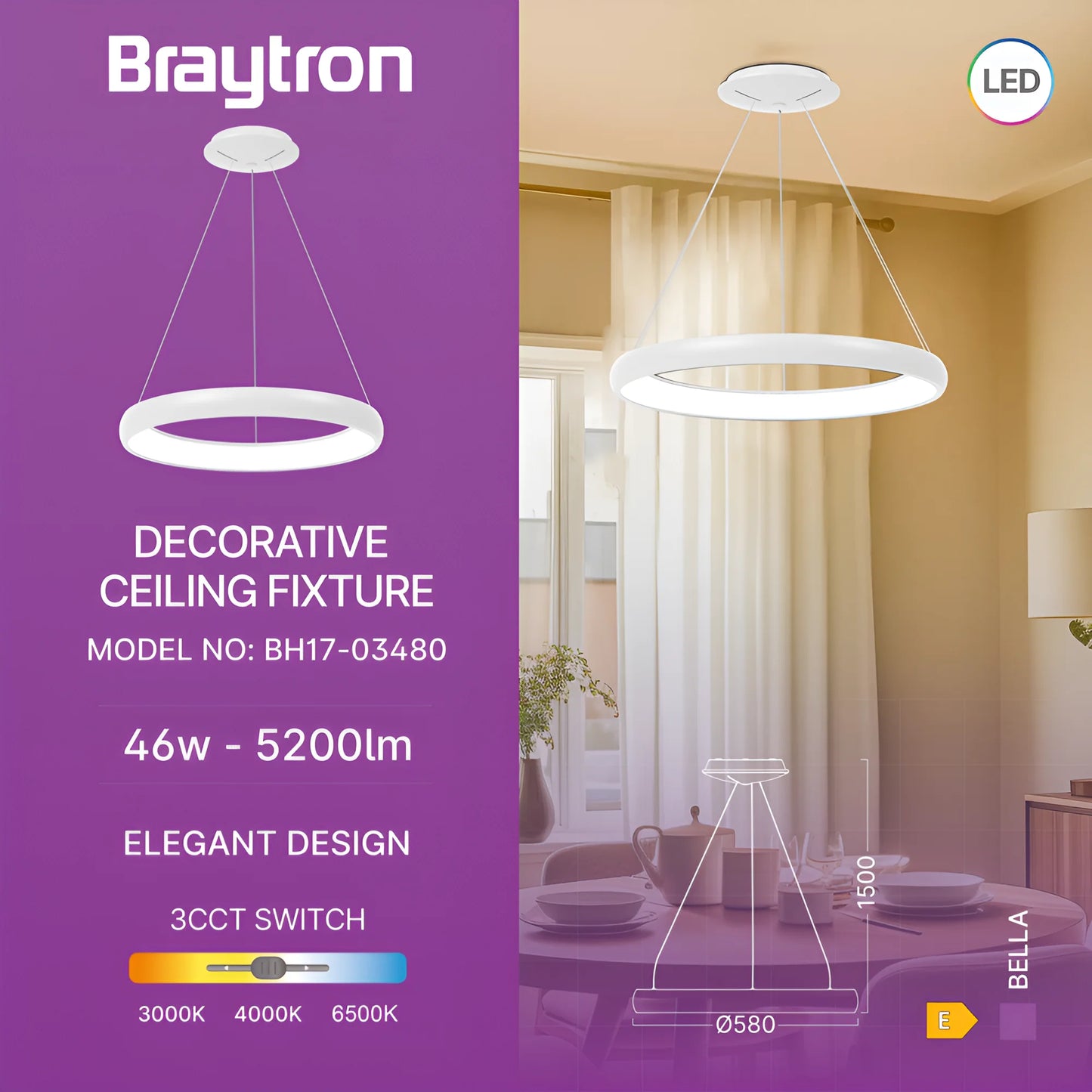 Braytron Bella Mlp Pd Okrugla Bijela 46W 3U1 Ip20 Led Visilica