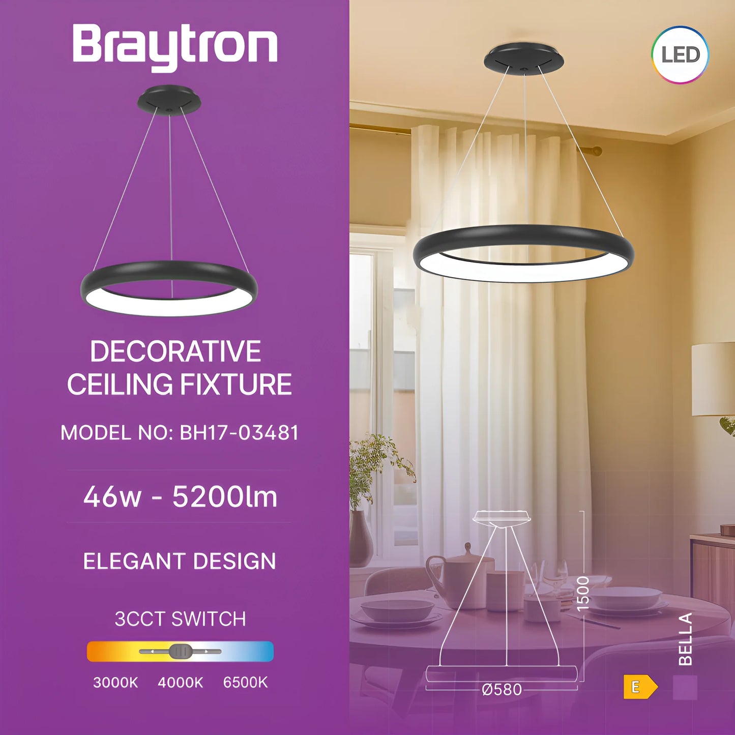 Braytron Bella Mlp Pd Okrugla Crna 46W 3U1 Ip20 Led Visilica