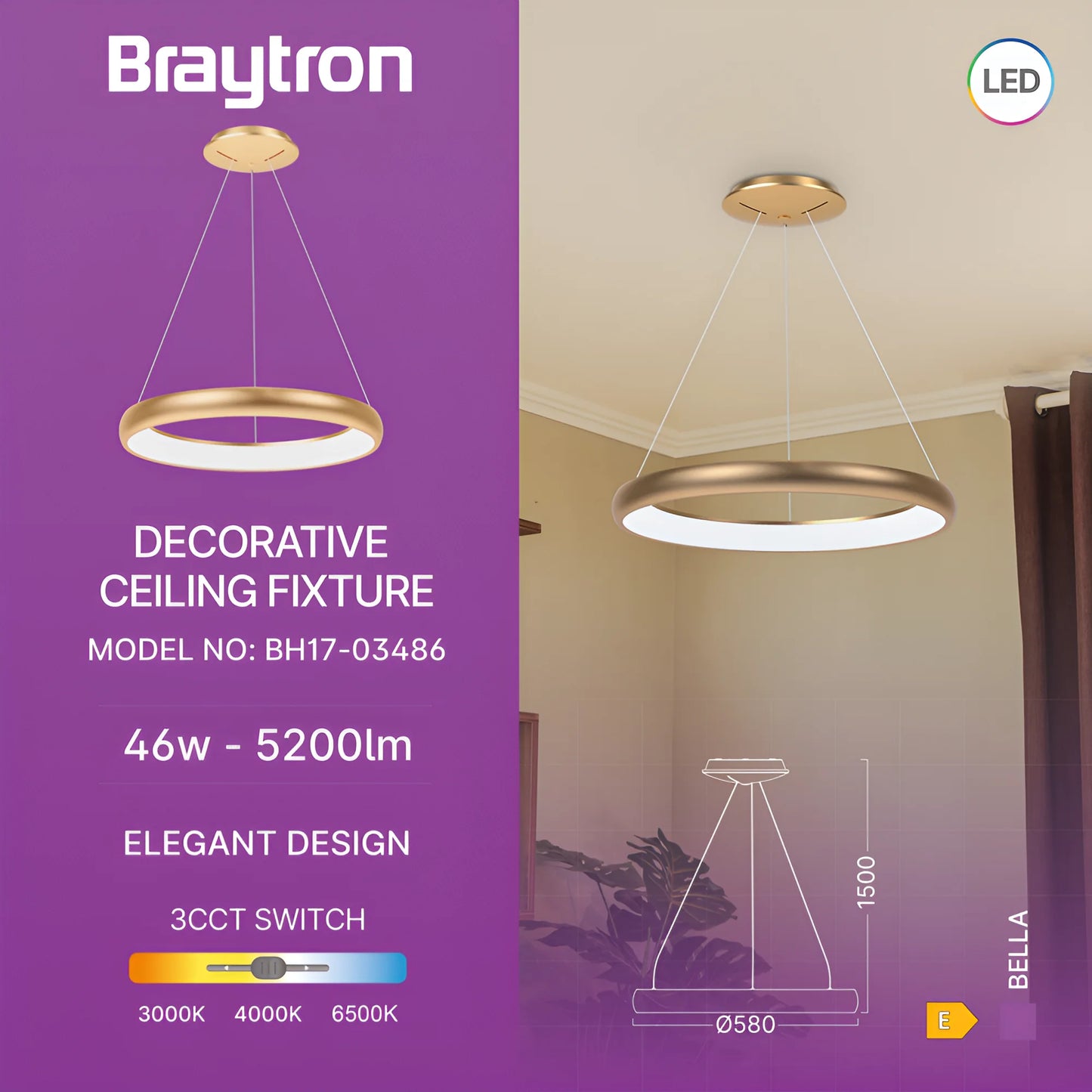 Braytron Bella Mlp Pd Okrugla Zlatna 46W 3U1 Ip20 Led Visilica
