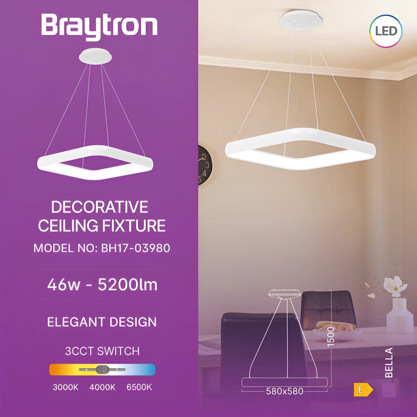 Braytron Bella Mlp Pd Kvadratna Bijela 46W 3U1 Ip20 Led Visilica