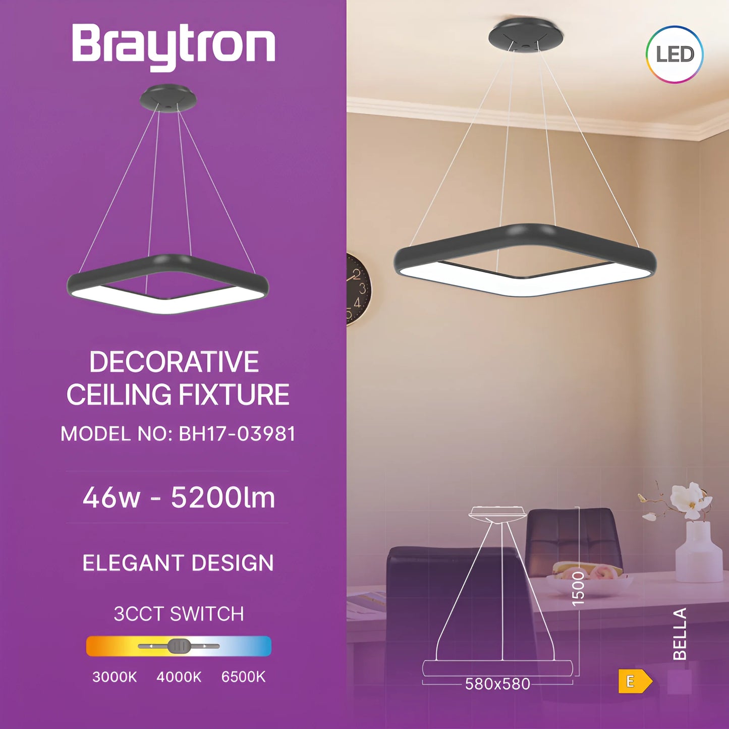 Braytron Bella Mlp Pd Kvadratna Crna 46W 3U1 Ip20 Led Visilica