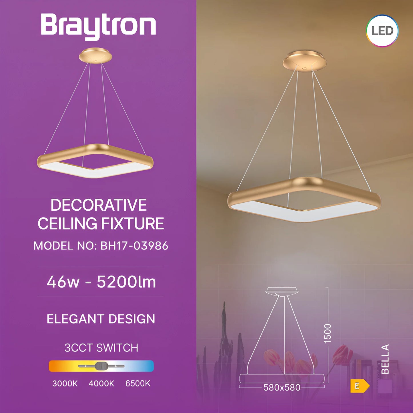 Braytron Bella Mlp Pd Kvadratna Zlatna 46W 3U1 Ip20 Led Visilica