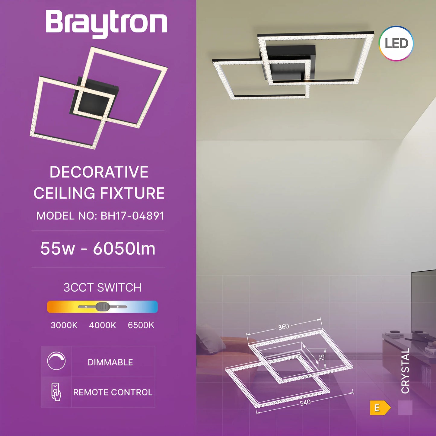 Braytron Crystal A 55W 3U1 Daljinski Crna Led Plafonjera