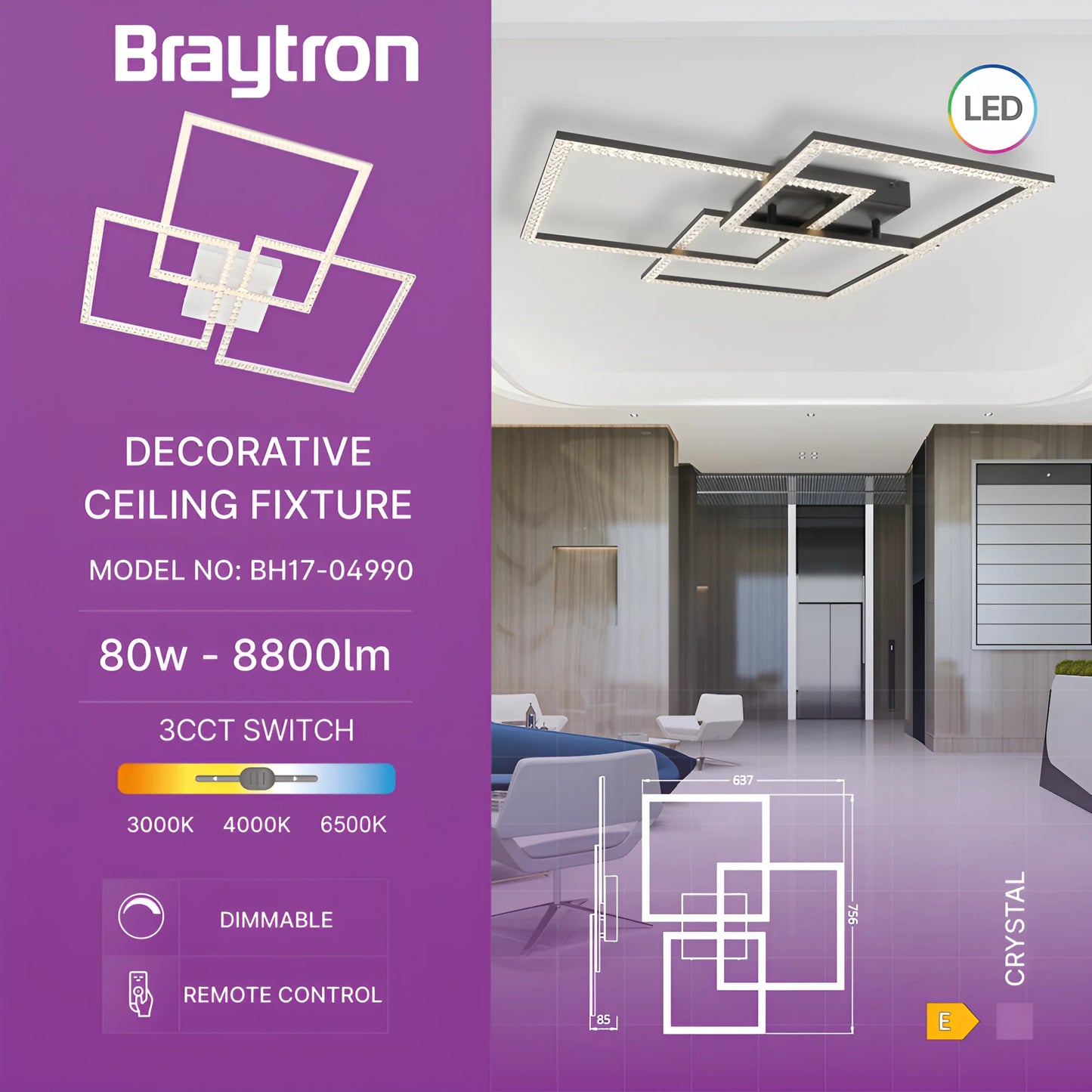 Braytron Crystal B 80W 3U1 Daljinsi Bijela Led Plafonjera