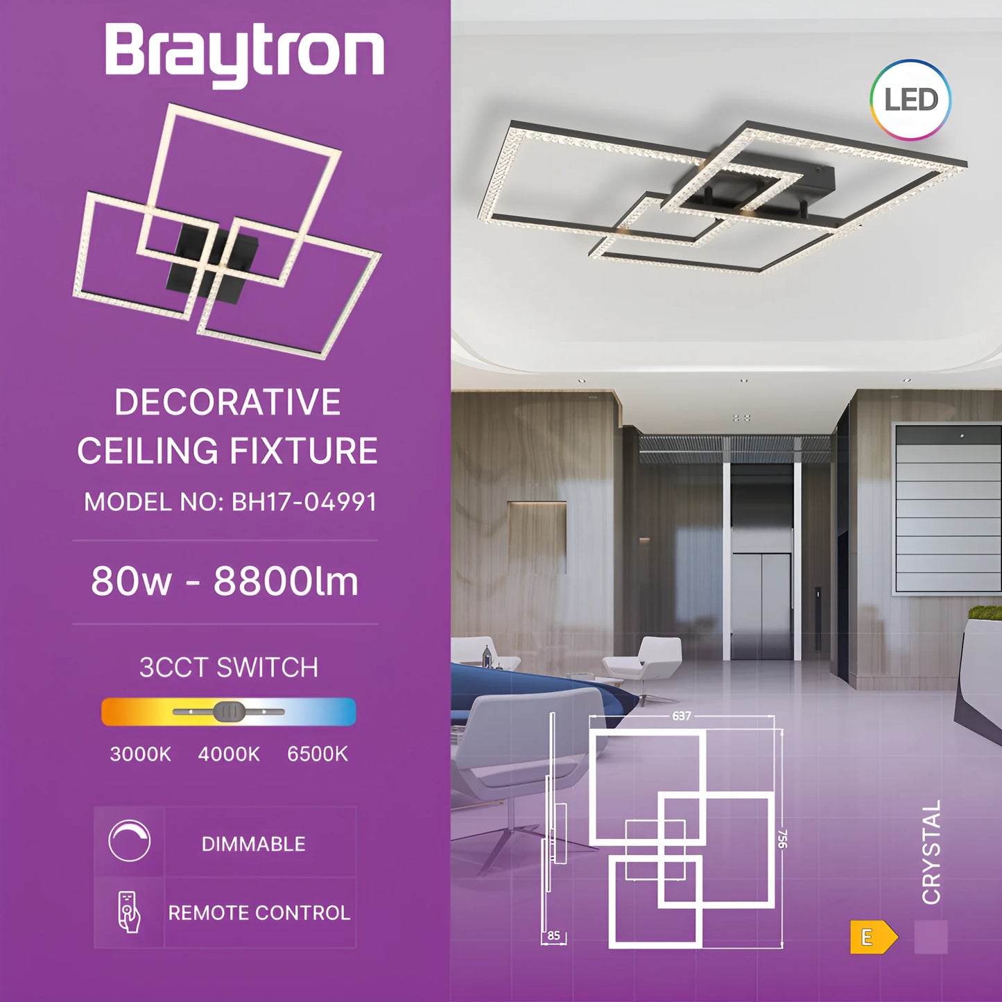 Braytron Crystal B 80W 3U1 Daljinski Crna Led Plafonjera