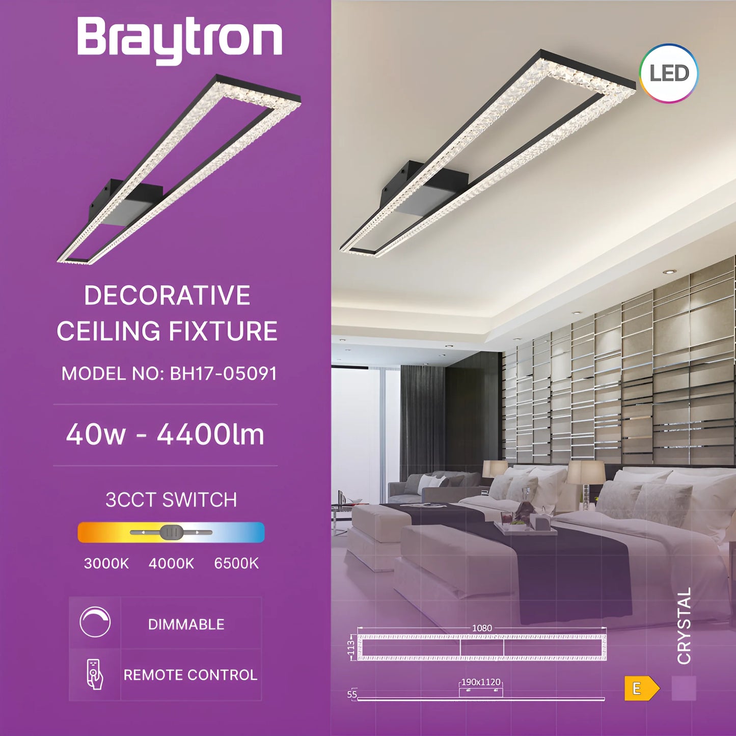 Braytron Crystal C 40W 3U1 Daljinsi Crna Led Plafonjera