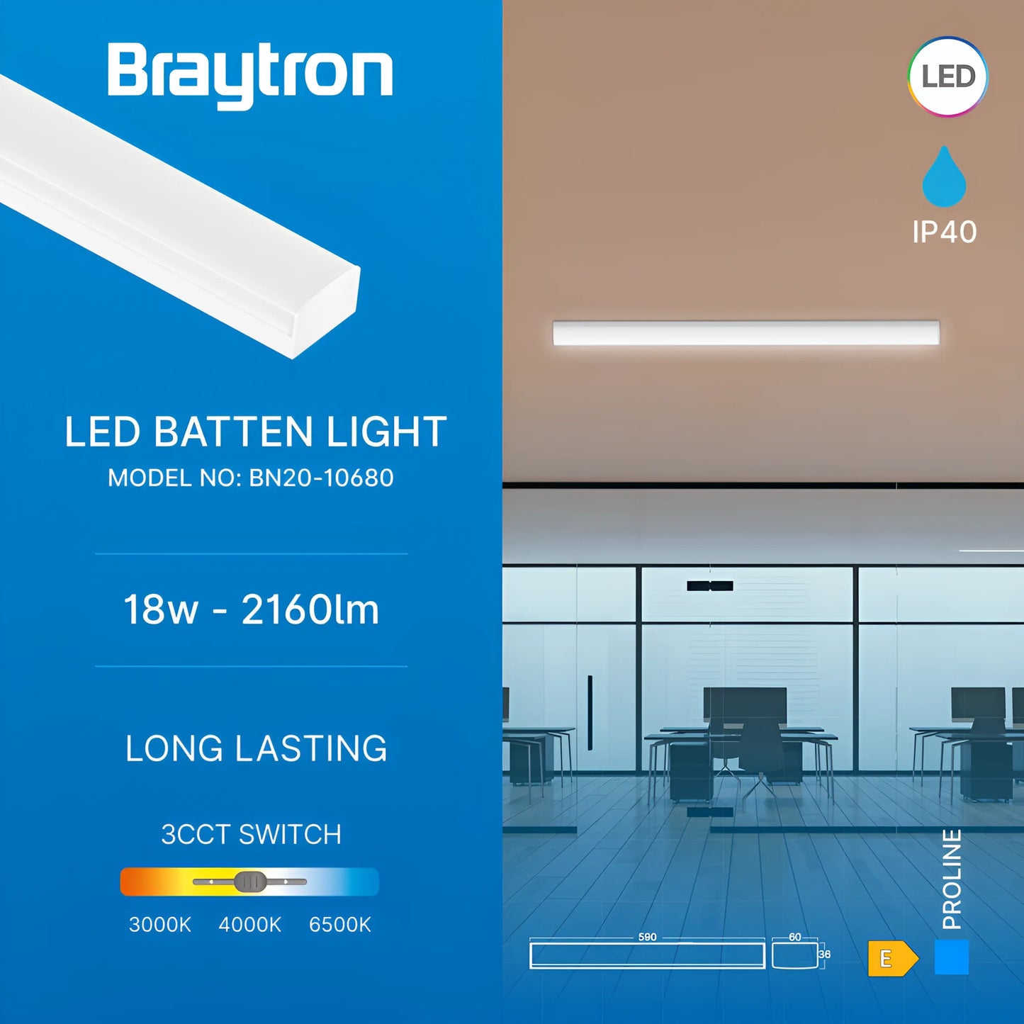Braytron Proline Pt 18W 0.6Mt Wht 3N1K Led Zidna Svjetiljka
