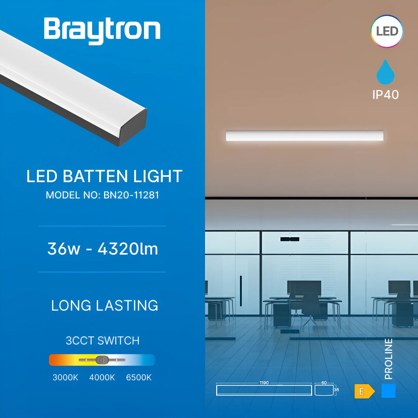 Braytron Proline Pt 36W 1.2Mt Crna 3U1 Led Zidna Svjetiljka