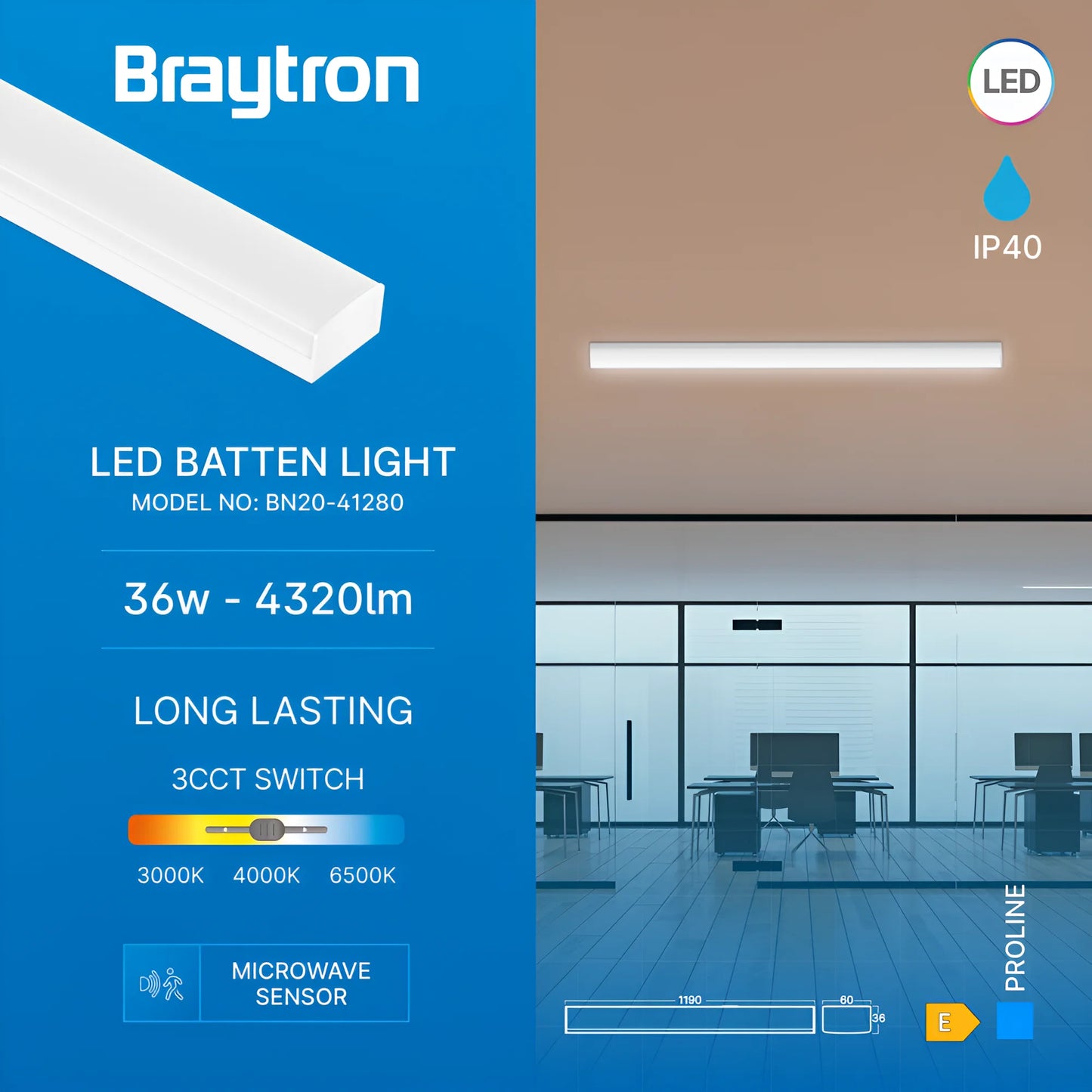 Braytron Proline Pt 36W 1.2Mt Sns Bijela 3In1 Led Zidna Svjetiljka