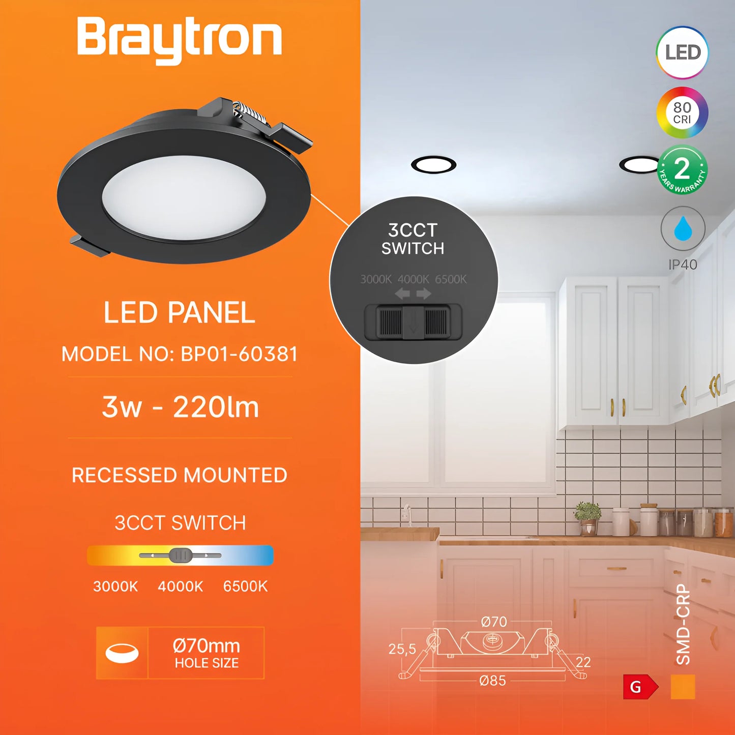 Braytron Smd Crp 3W Krug 3Inc Crni 3U1 Led Panel