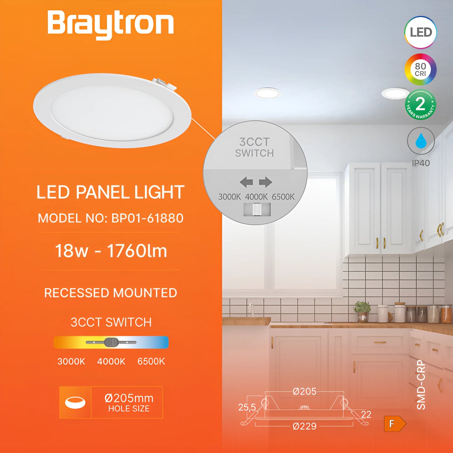 Braytron Smd Crp 18W Okrugli 8Inc Bijeli 3u1 Ugradni Led Panel