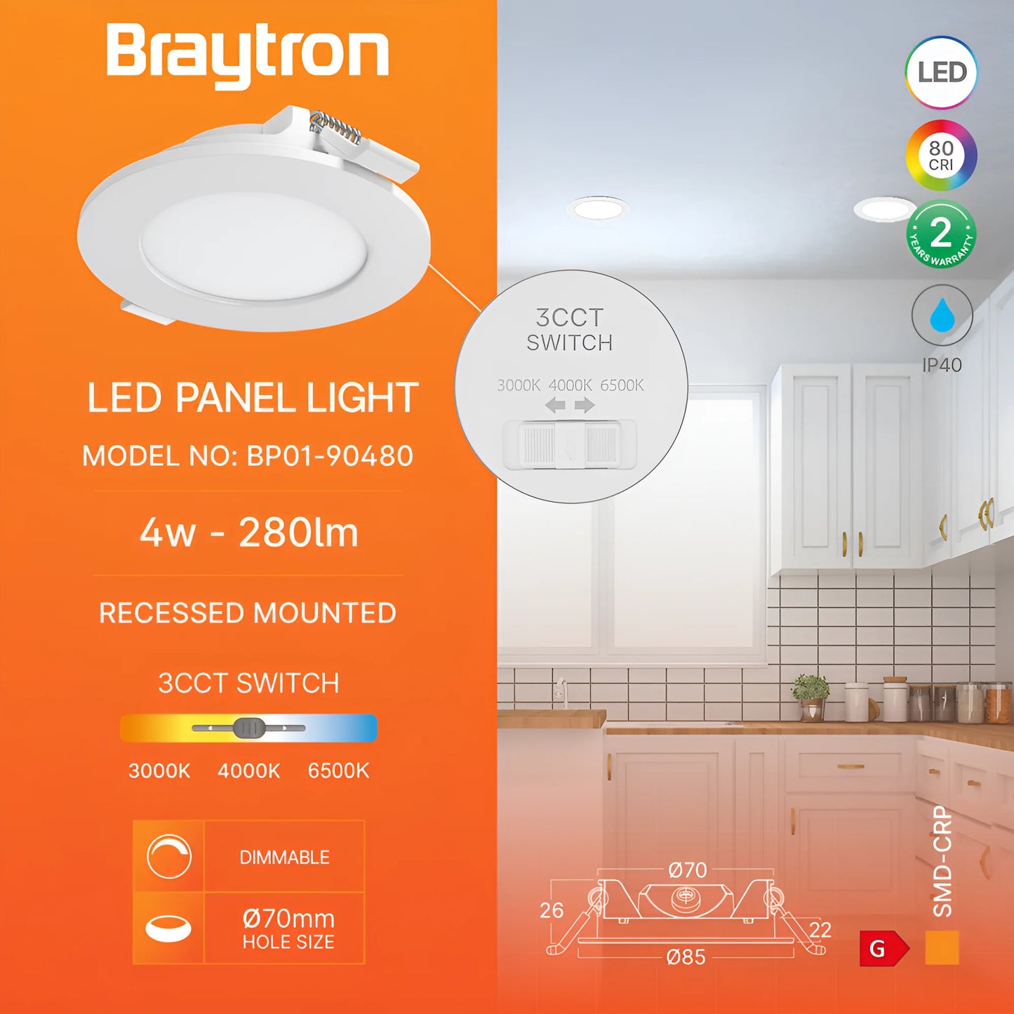 Braytron Smd Crp 4W Krug Dimabilni 3Inc Bijeli 3U1 Ugradni Led Panel