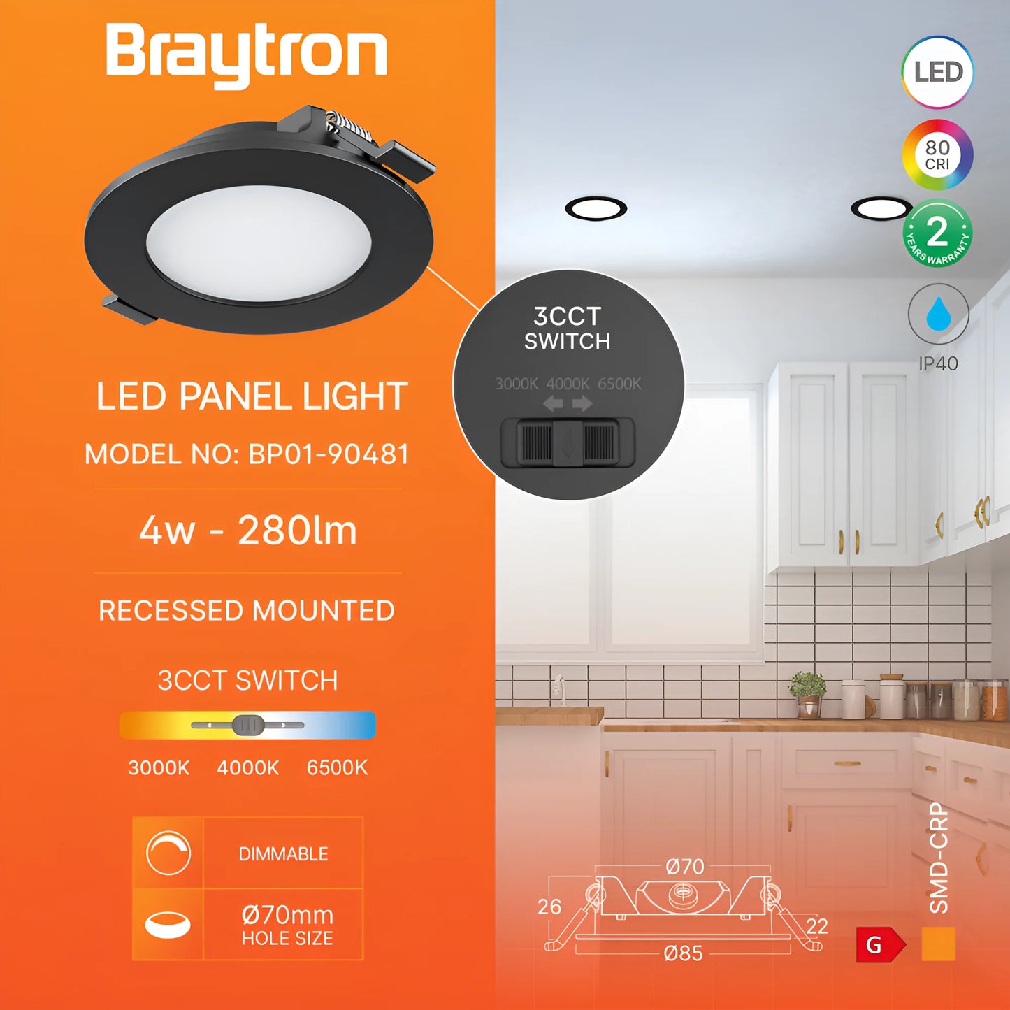 Braytron Smd Crp 4W Krug Dimabilni 3Inc Crni 3U1 Ugradni Led Panel