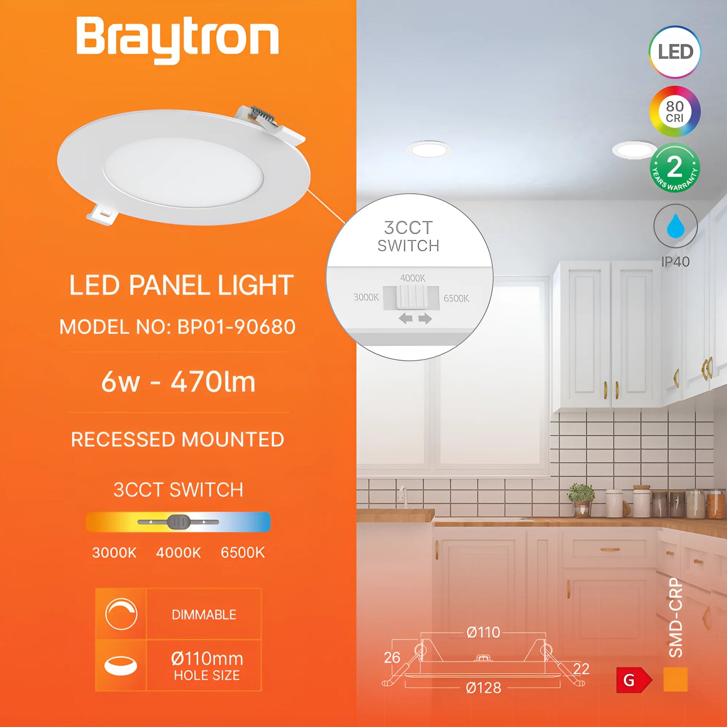 Braytron Smd Crp 6W Krug Dimabilni 4Inc Bijeli 3U1 Ugradni Led Panel