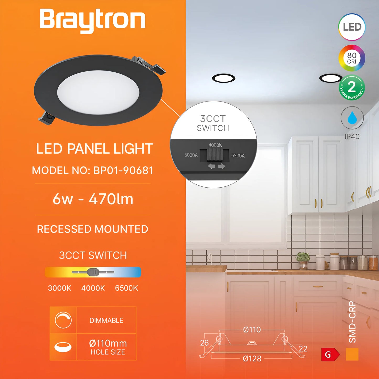 Braytron Smd Crp 6W Krug Dimabilni 4Inc Crni 3U1 Ugradni Led Panel