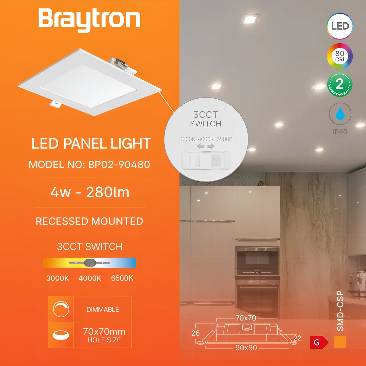 Bry-Smd-Csp-4W-Cube-Dimmable-3Inch-White-3In1-Recessed Led Panel