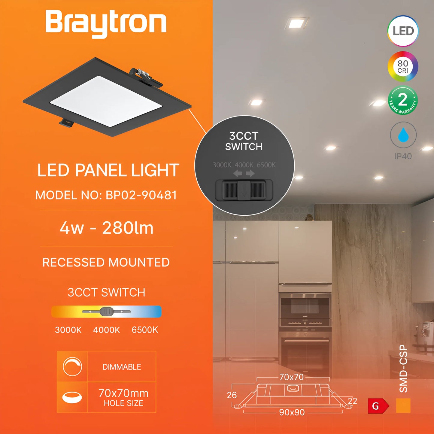 Braytron Smd Csp 4W Kocka Dimabilni 3Inc Crni 3U1 Ugradni Led Panel