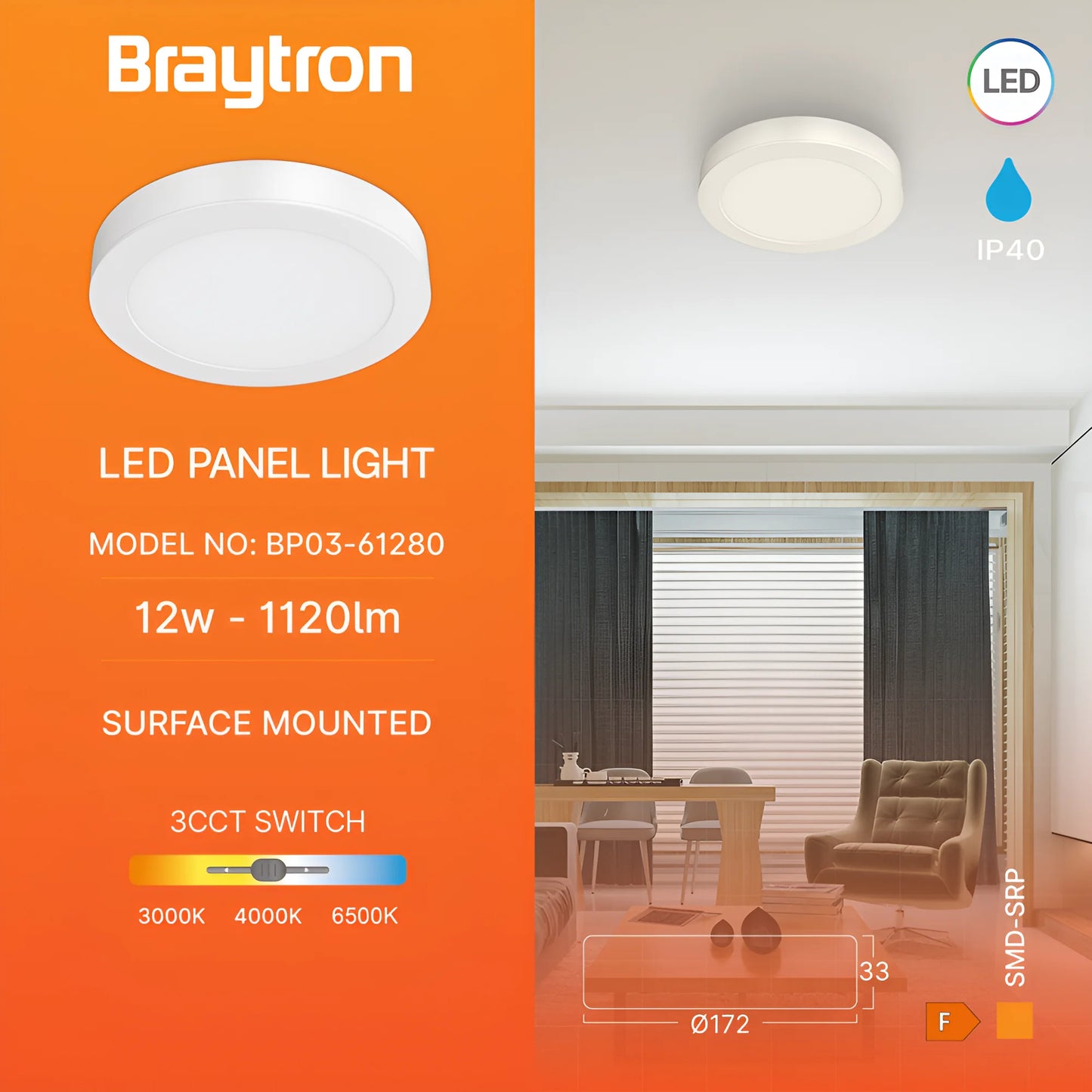 Braytron Smd Srp 12W Krug Bijela 3U1 Led Panel Light