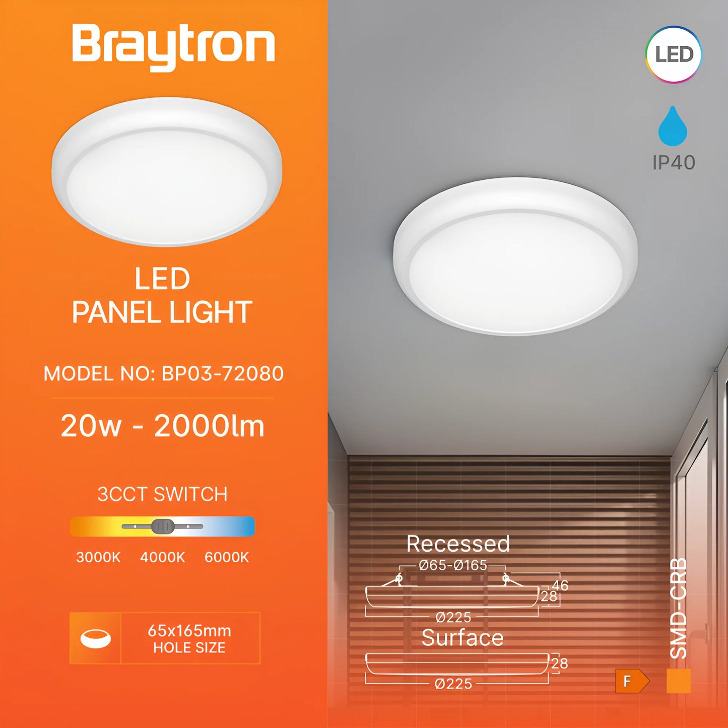 Braytron Smd Crb 20W Okrugli Bijeli 3U1 Nadgradni Led Panel